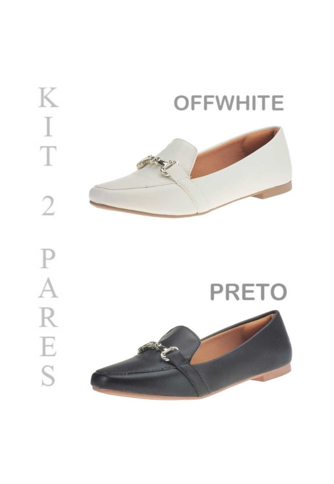 Kit 2 Pares Sapatilha Feminina Mocassim Rasteiro Sapato Bico Quadrado 160 Bege/Preto