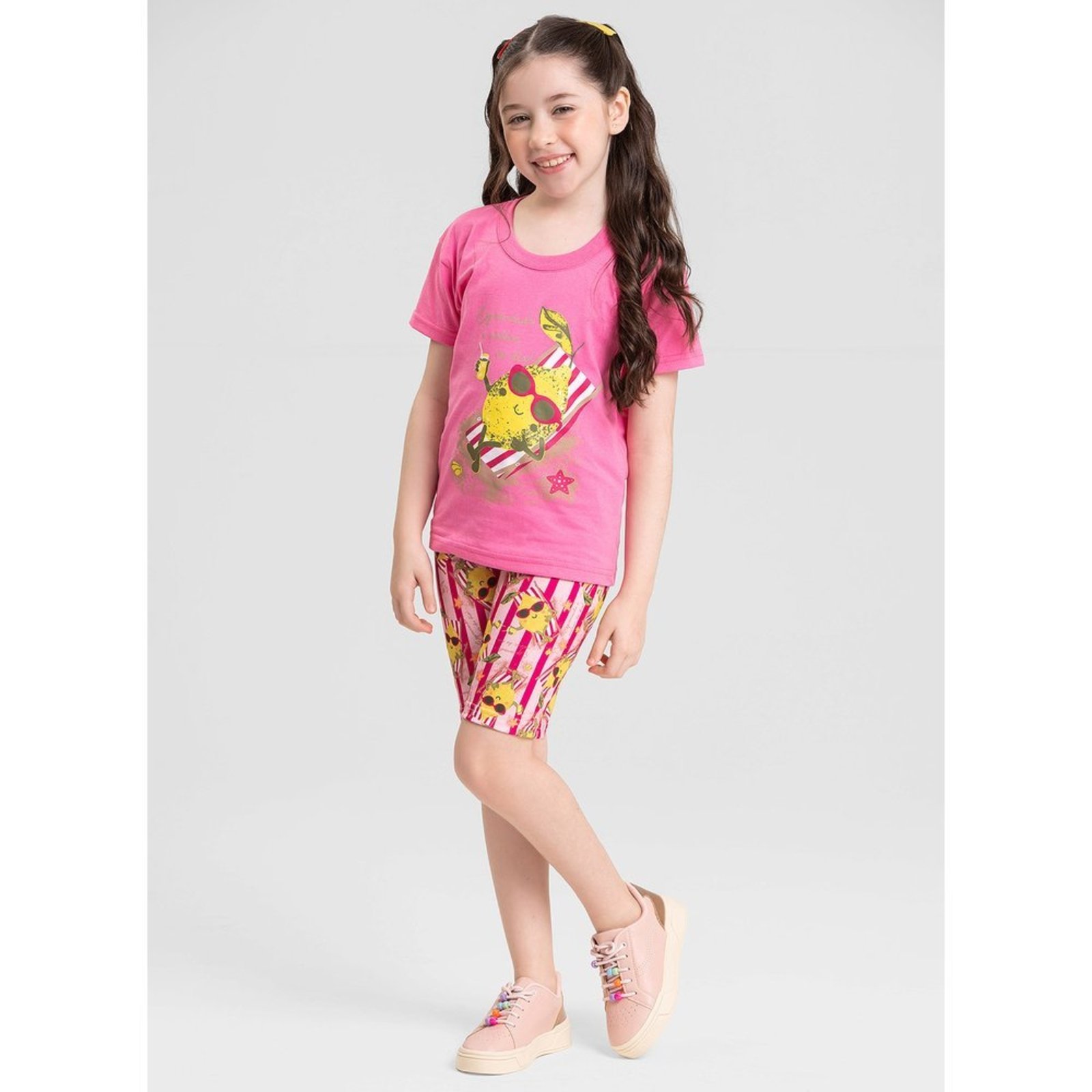 Infantil - Conjunto Verão Menina Rosa T-shirt Over e Shorts Ciclista Limão