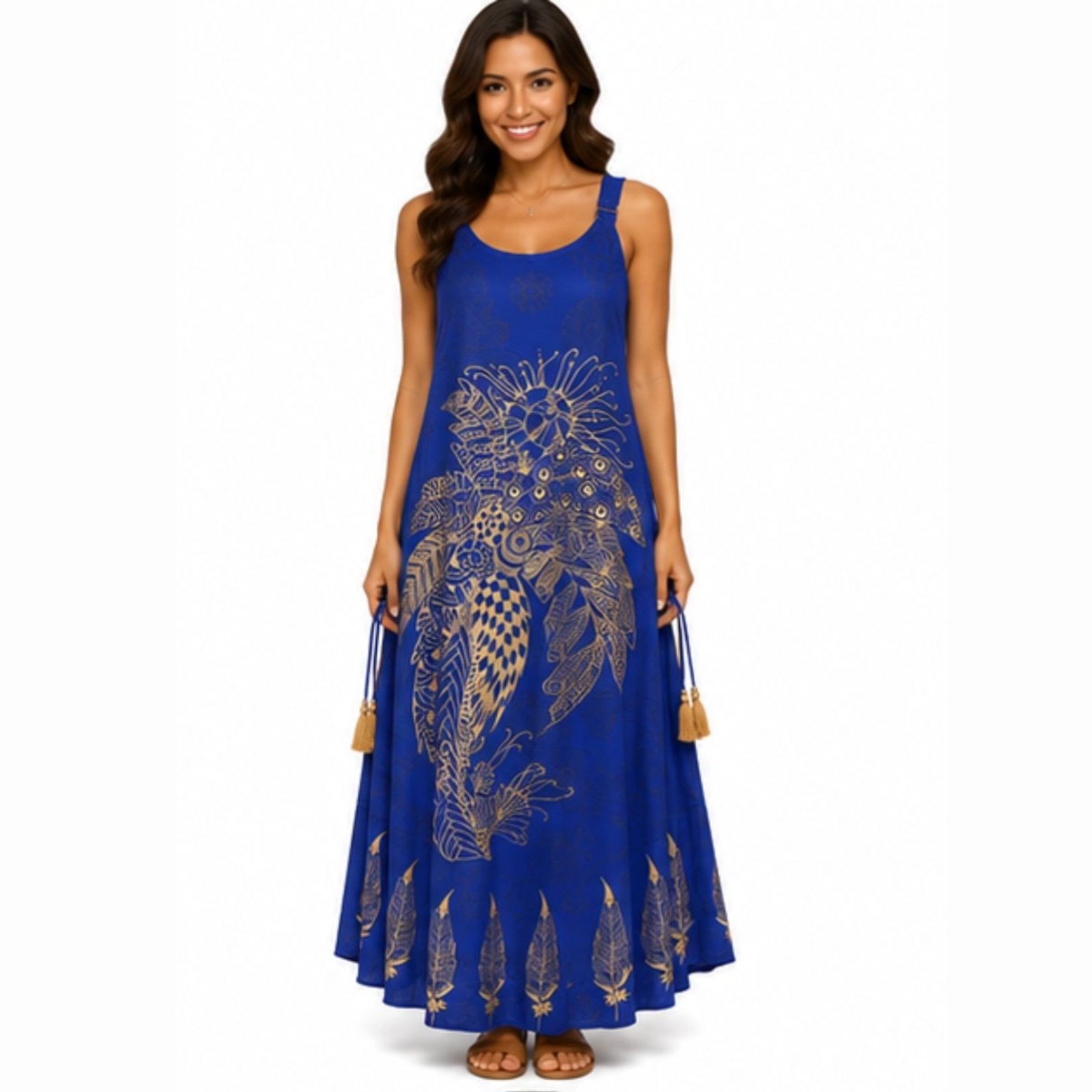 Vestido Longo Feminino Viscose Estampado com Bolso e Alça Ajustável Azul