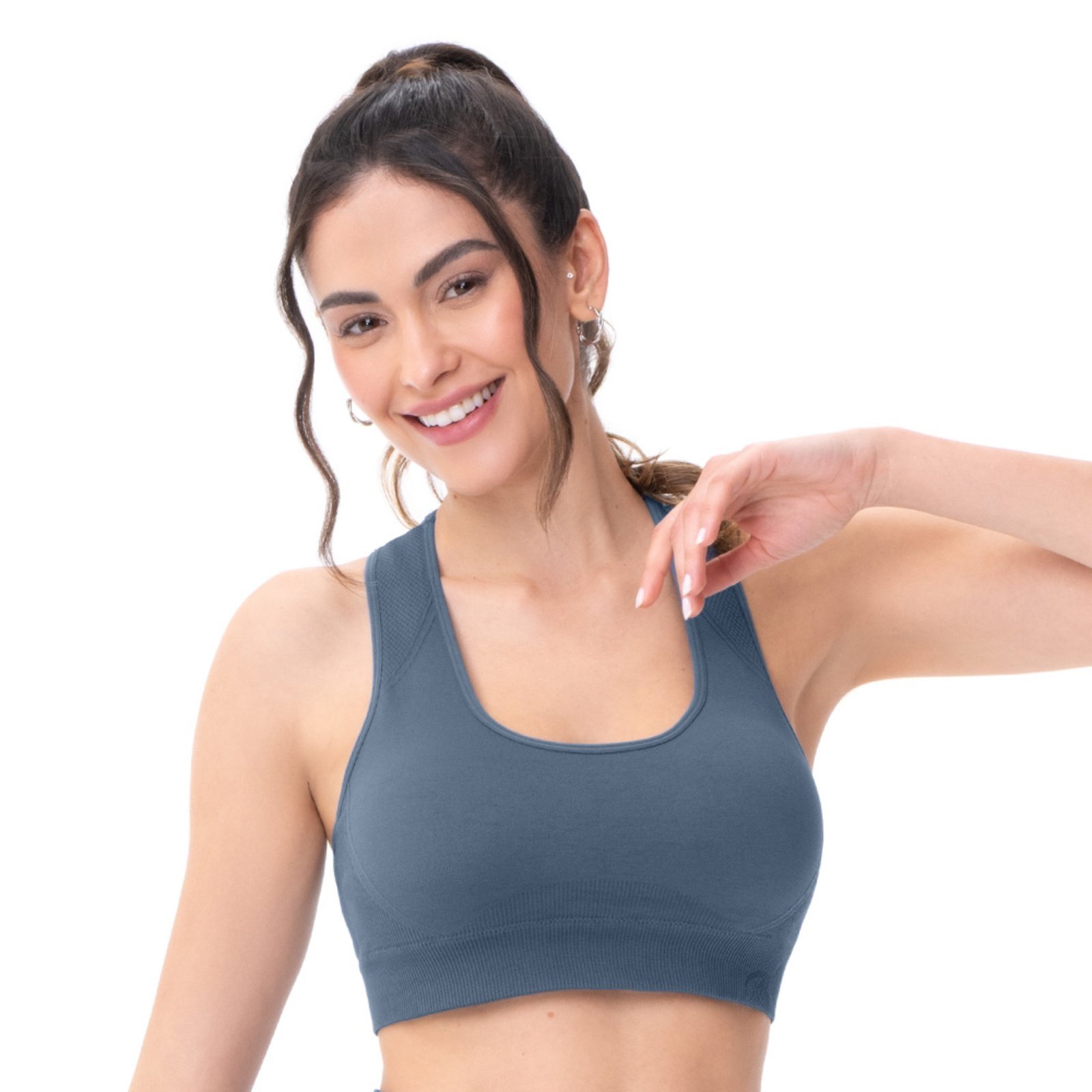 Top Fitness Nadador Jacquard com Bojo Removível Azul Índigo Escuro