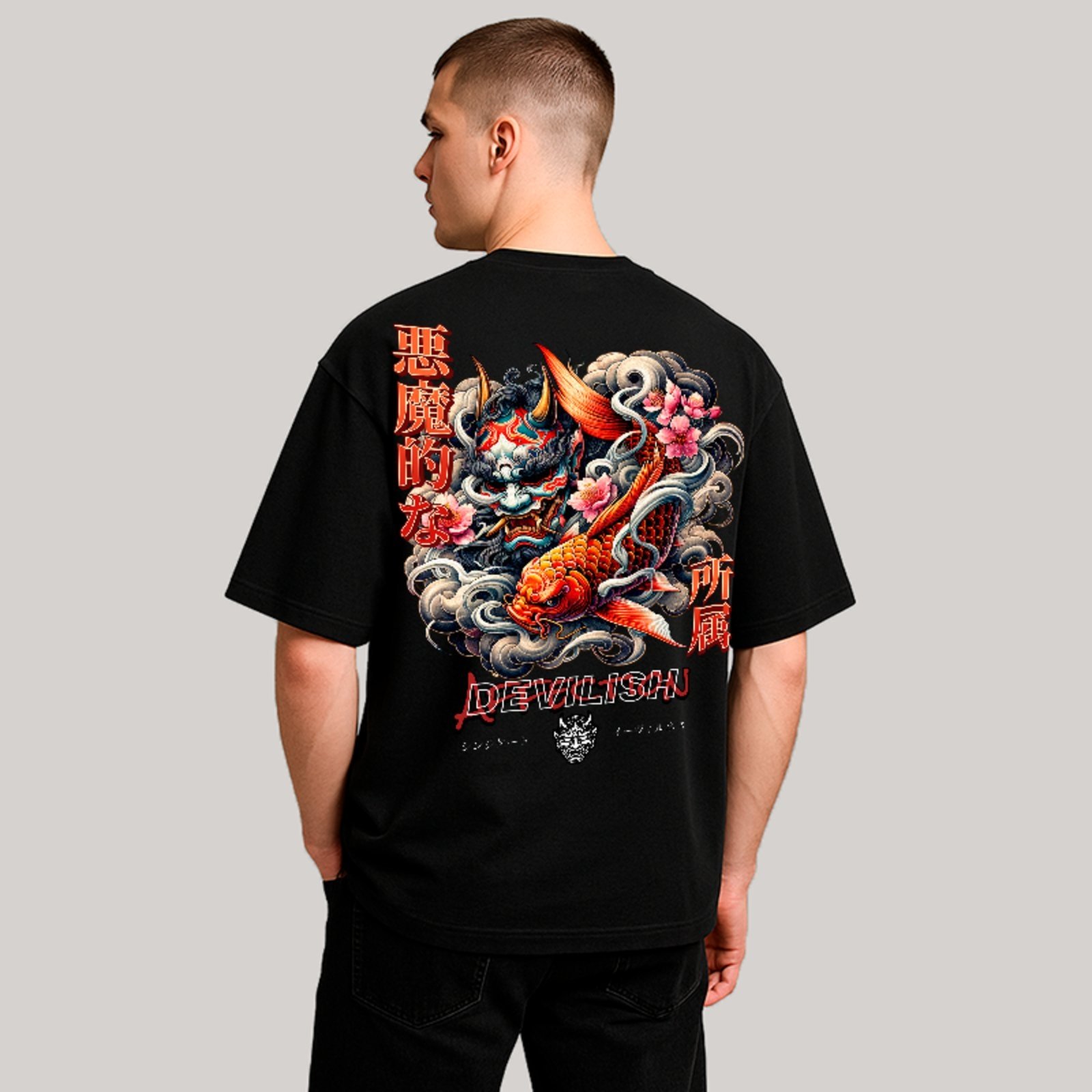 Camiseta Oversized Premium Oni Demon Koi Fish Japan Streetwear Unissex Preto