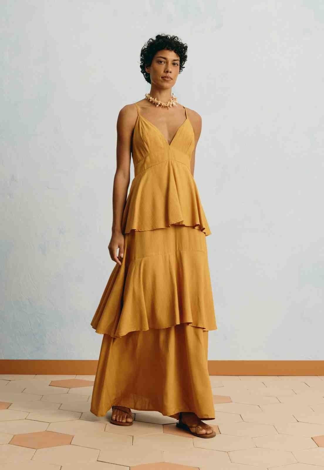 Vestido Longo Liso Babados Amarelo