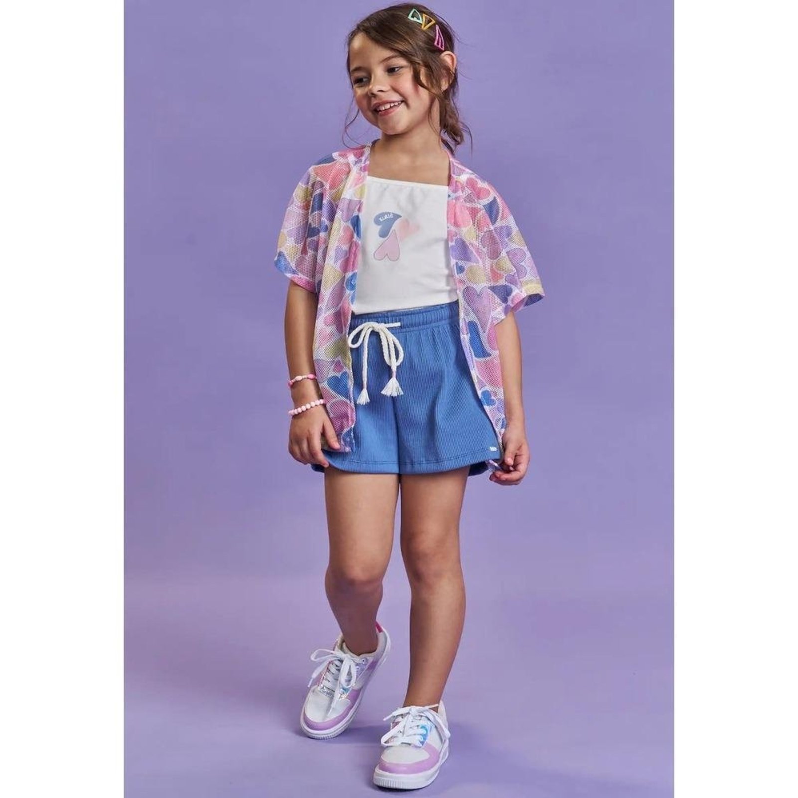 Infantil - Conjunto Menina Shorts 3 Peças Estampado Kukiê 14 Unico