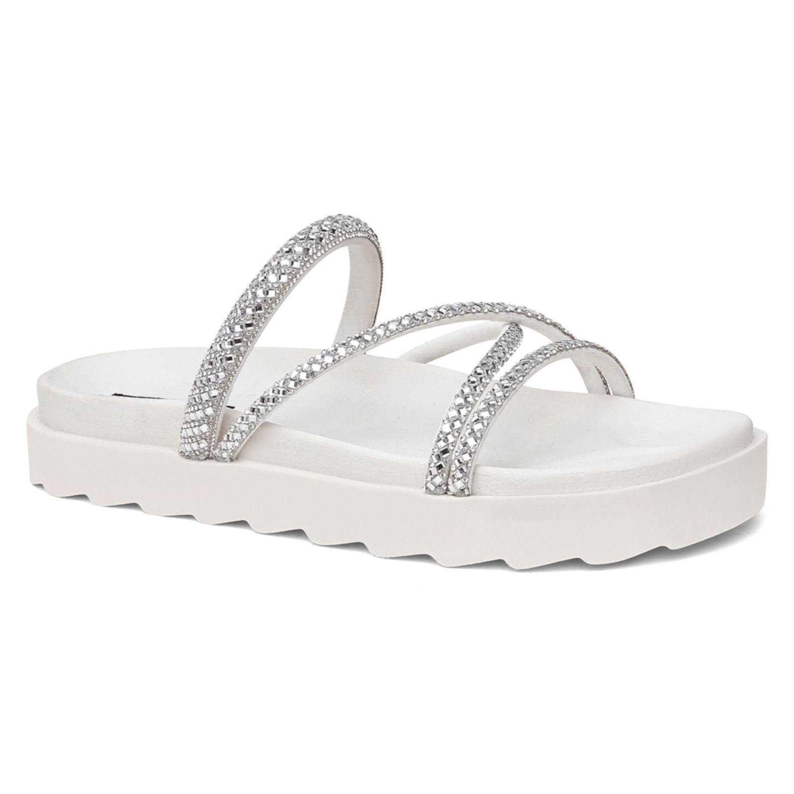 Papete Feminina Branca Strass Brilho Sandália 4 Tiras Flat Conforto