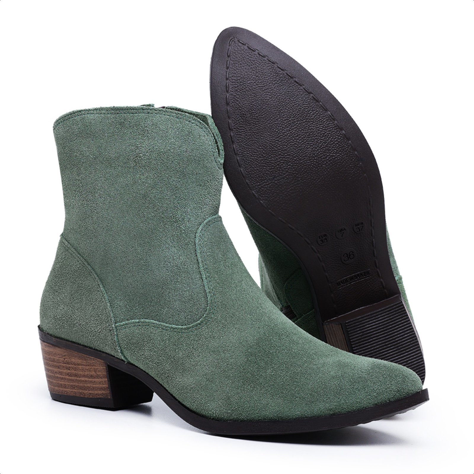 Bota Texana Country Feminina Cano Baixo De Couro Salto de 4 cm Cano 15 cm Mod.1100 camurça Verde
