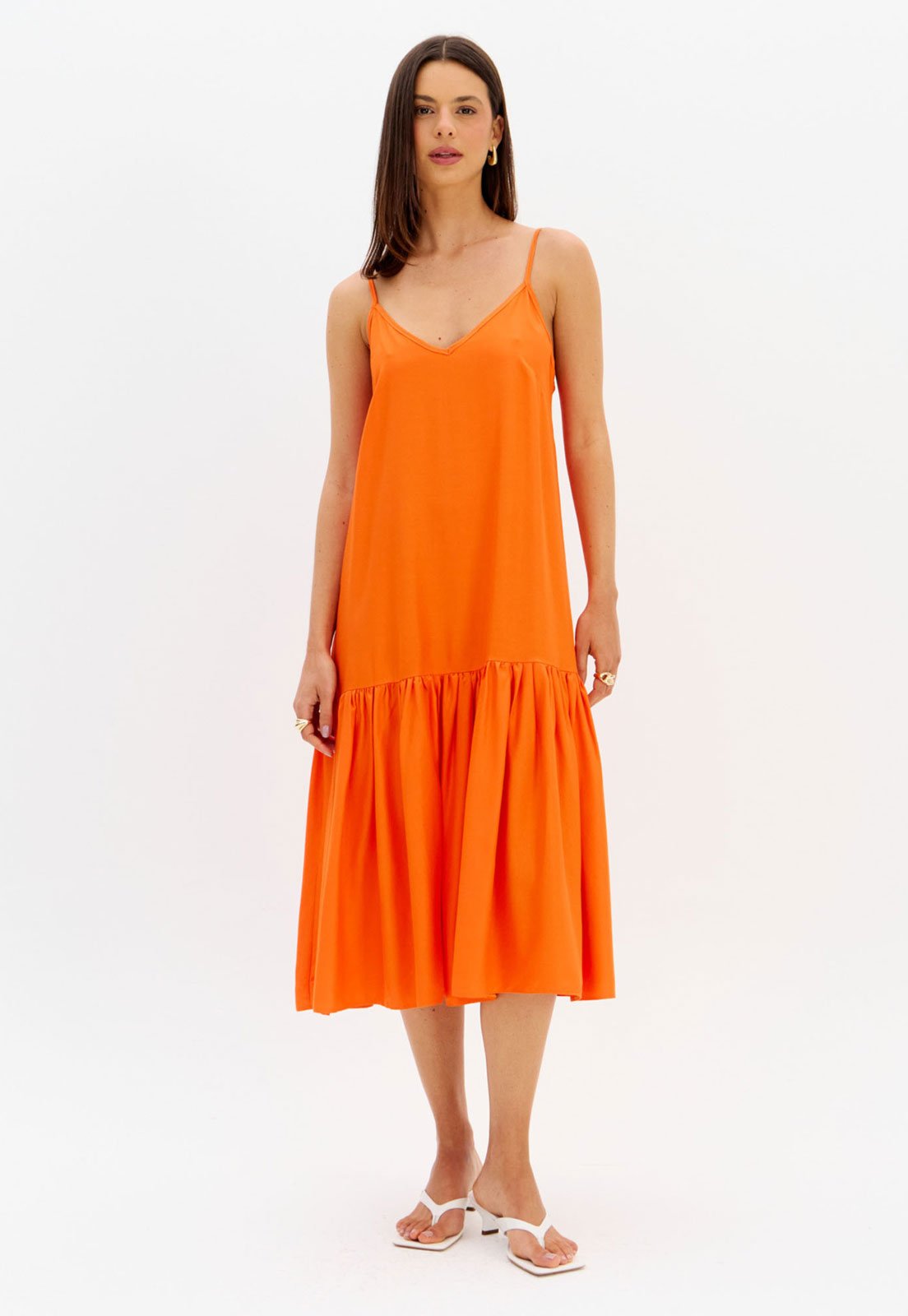 Vestido Lança Perfume Decote V Babados Laranja