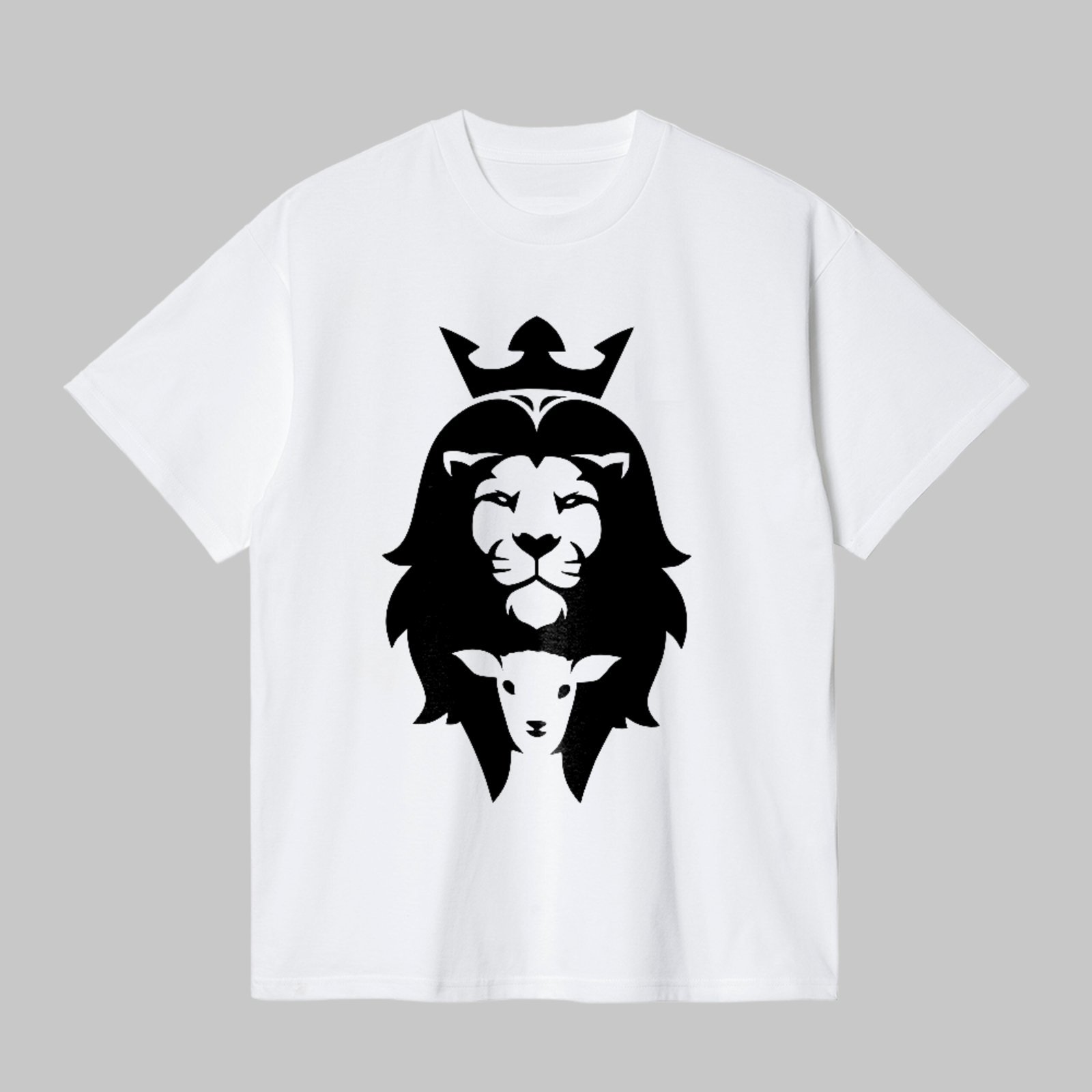 Camiseta Básica Leão e Cordeiro Símbolo Cristão Branco