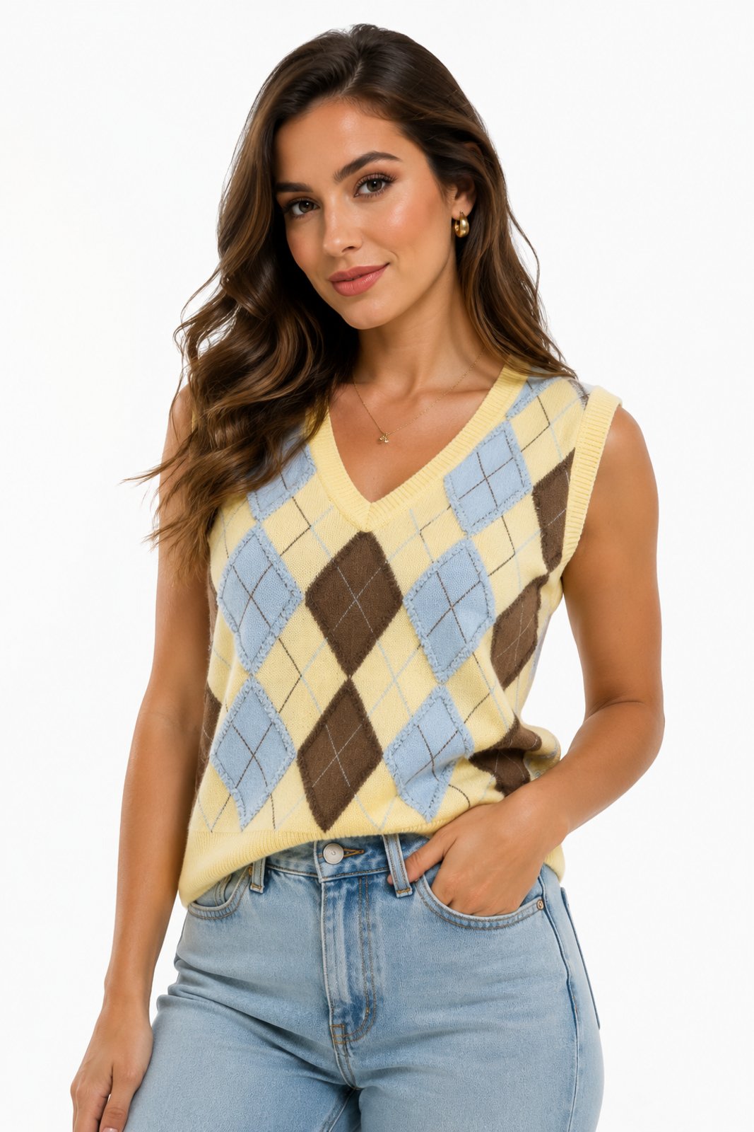Colete Tricôt D Bell Outlet Fashion Argyle Preppy Amarelo