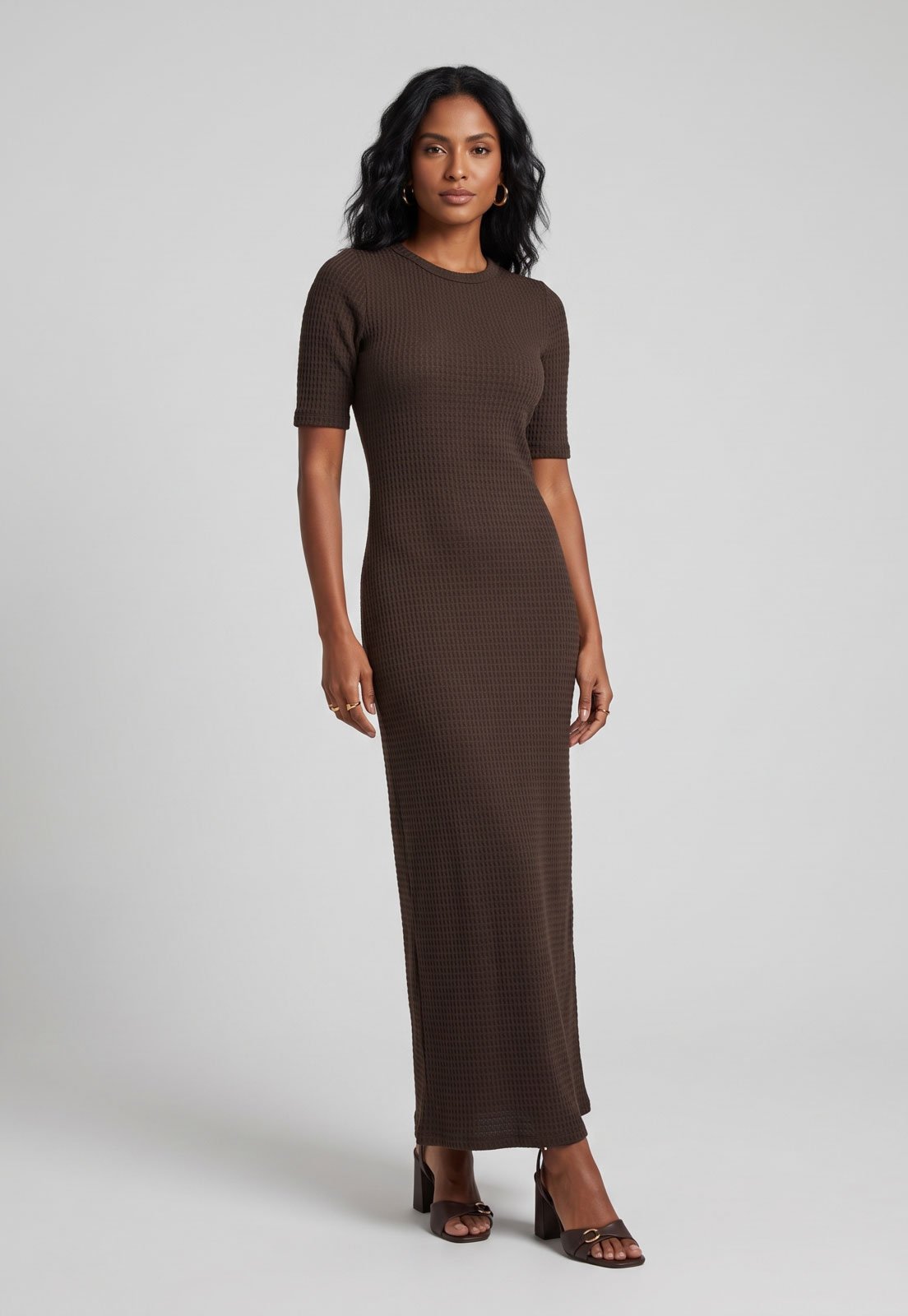 Vestido Feminino Lança Perfume Longo Manga Curta Marrom
