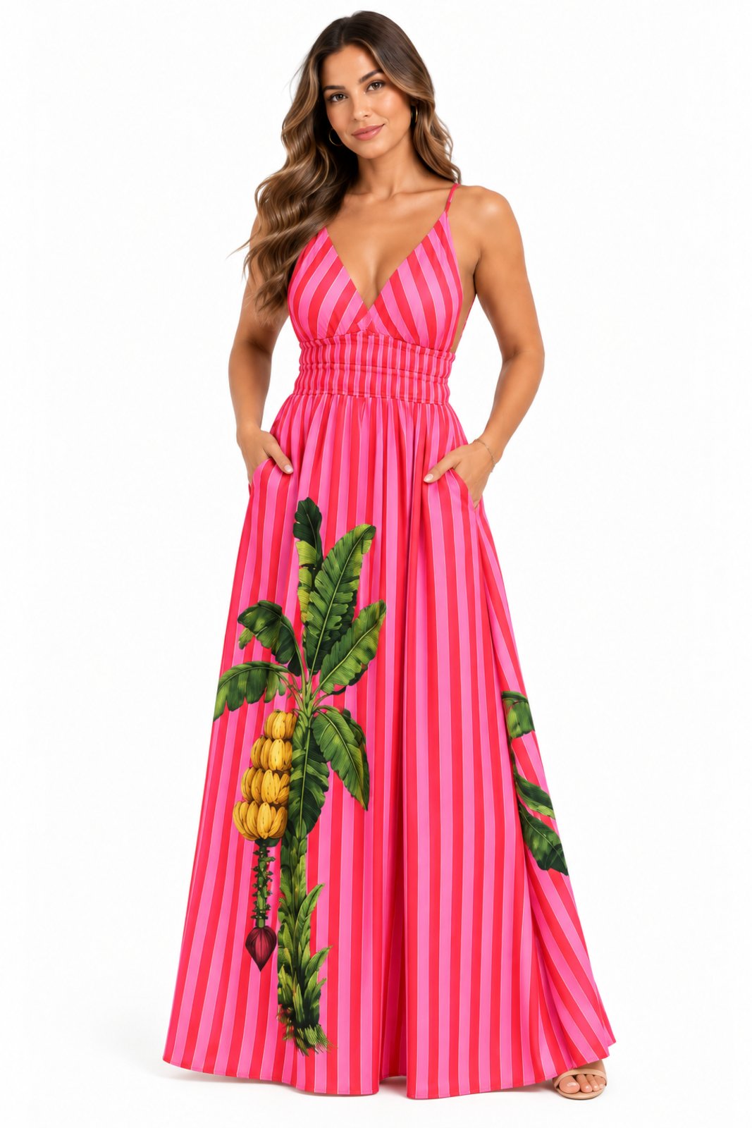 Vestido Longo Decote V D Bell Outlet Fashion Rosa