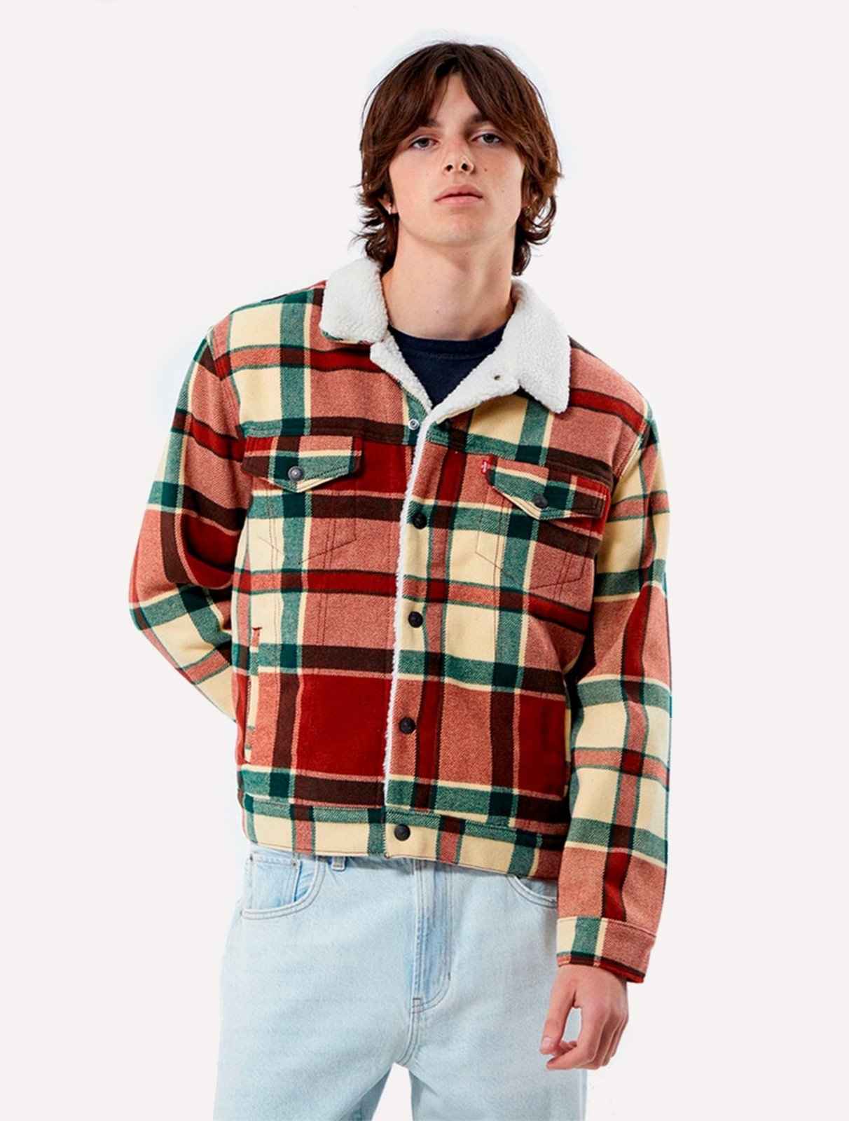 Vista 2 Jaqueta Levis Jeans Masculina Trucker Tipo III Sherpa Cáqui Marrom xadrez Levis xadrez