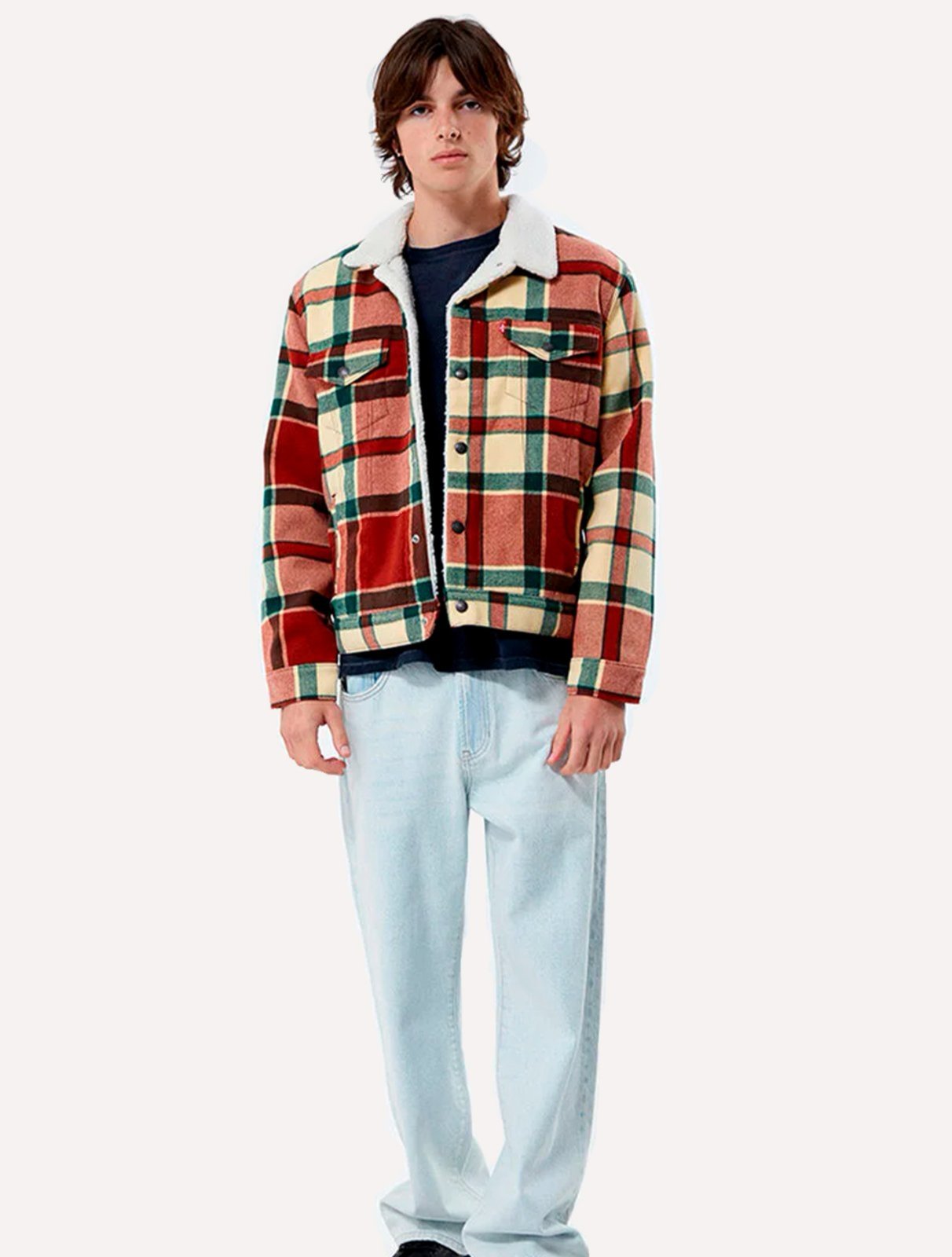 Vista 3 Jaqueta Levis Jeans Masculina Trucker Tipo III Sherpa Cáqui Marrom xadrez Levis xadrez