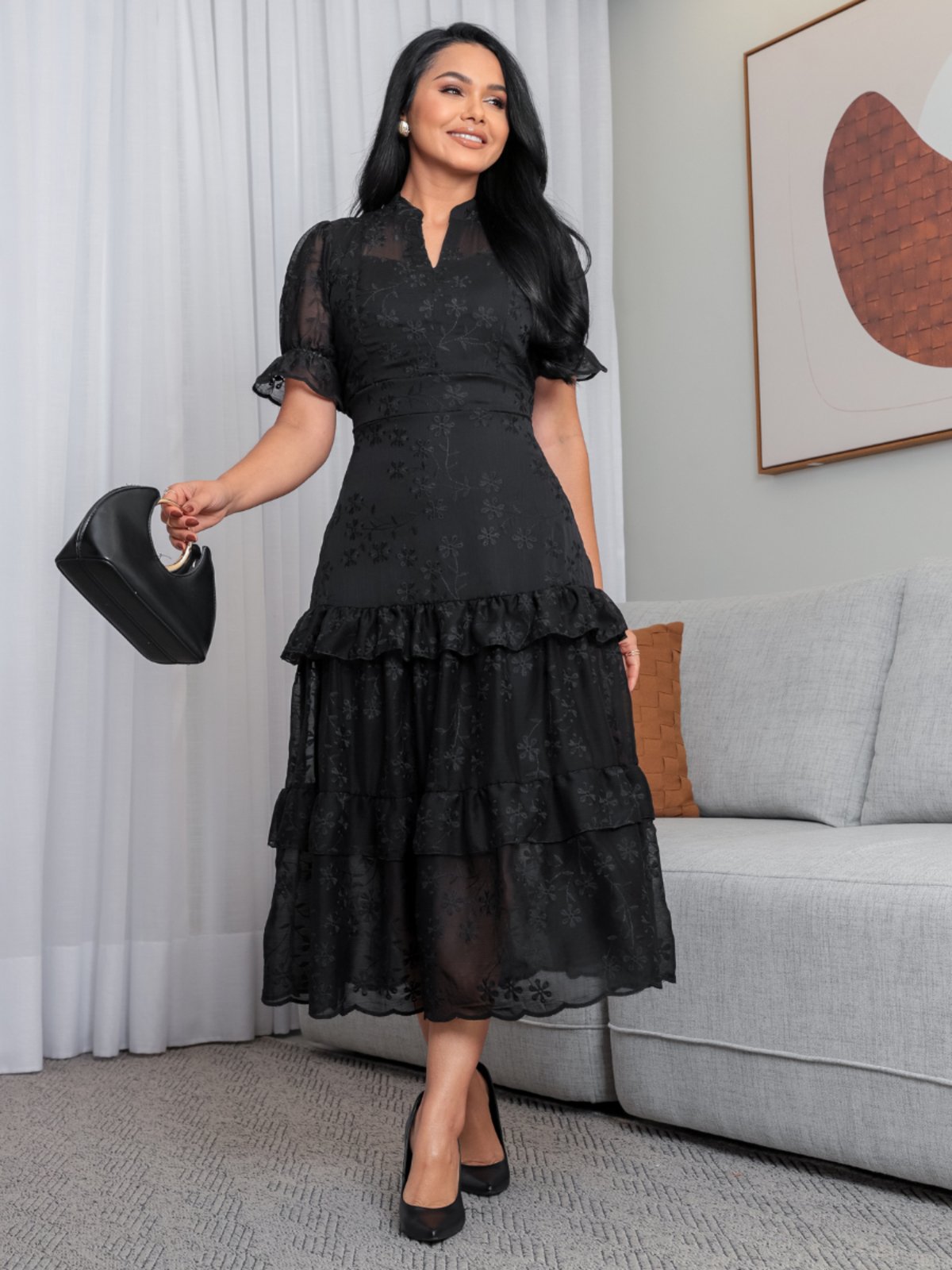 Vestido Maxi Midi para Festa de Casamento Convidada Madrinha Bordado Rodado Preto