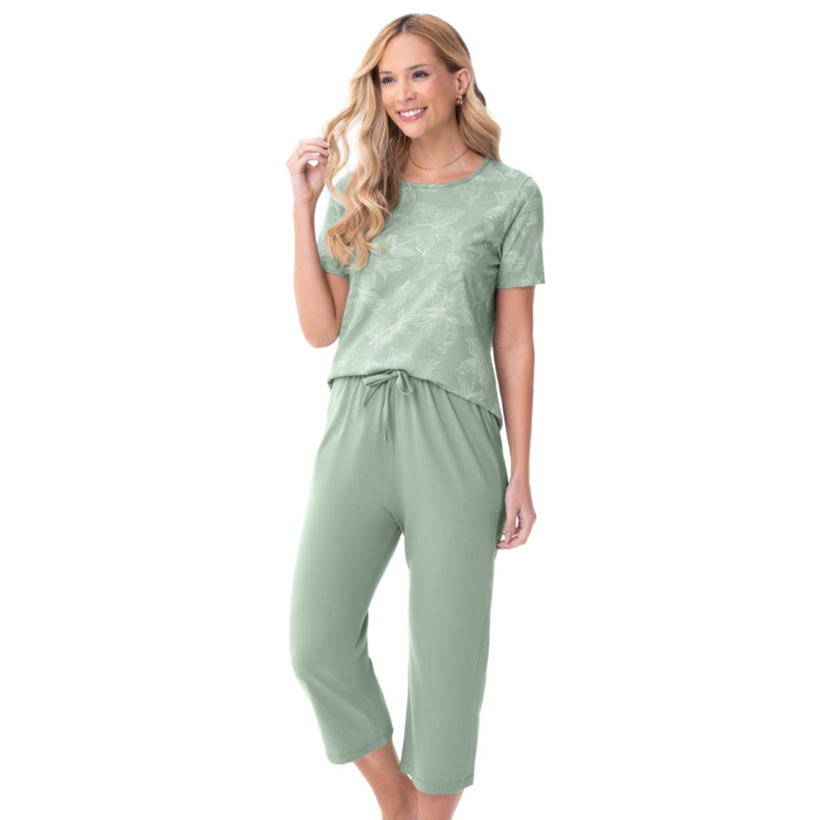 Pijama Manga Curta com Calça Cropped em Algodão Verde