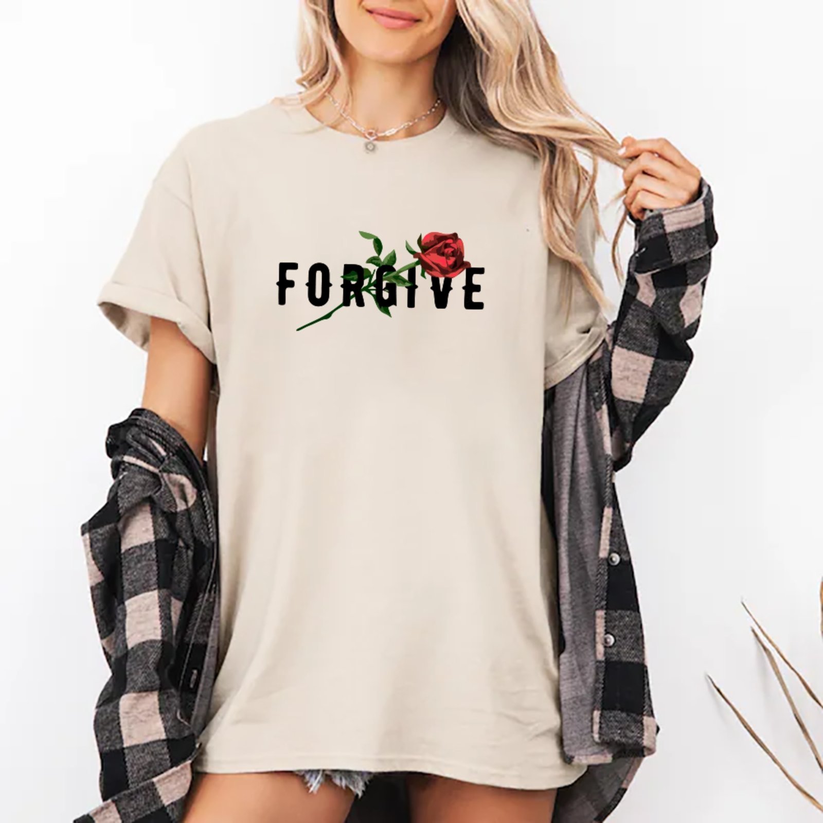 Camiseta Ousy Forgive Rosa Vermelha Oversized Unissex Off White