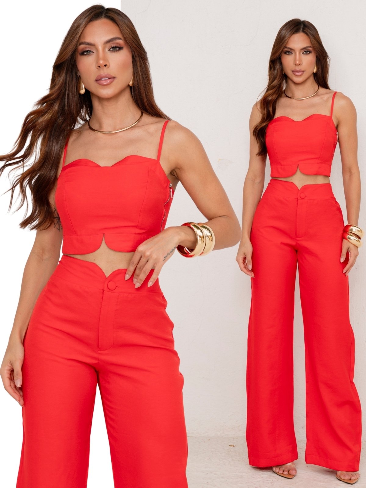 Conjunto Feminino Alfaiataria Tropical Fashion Cropped e Calça Pantalona – Vermelho