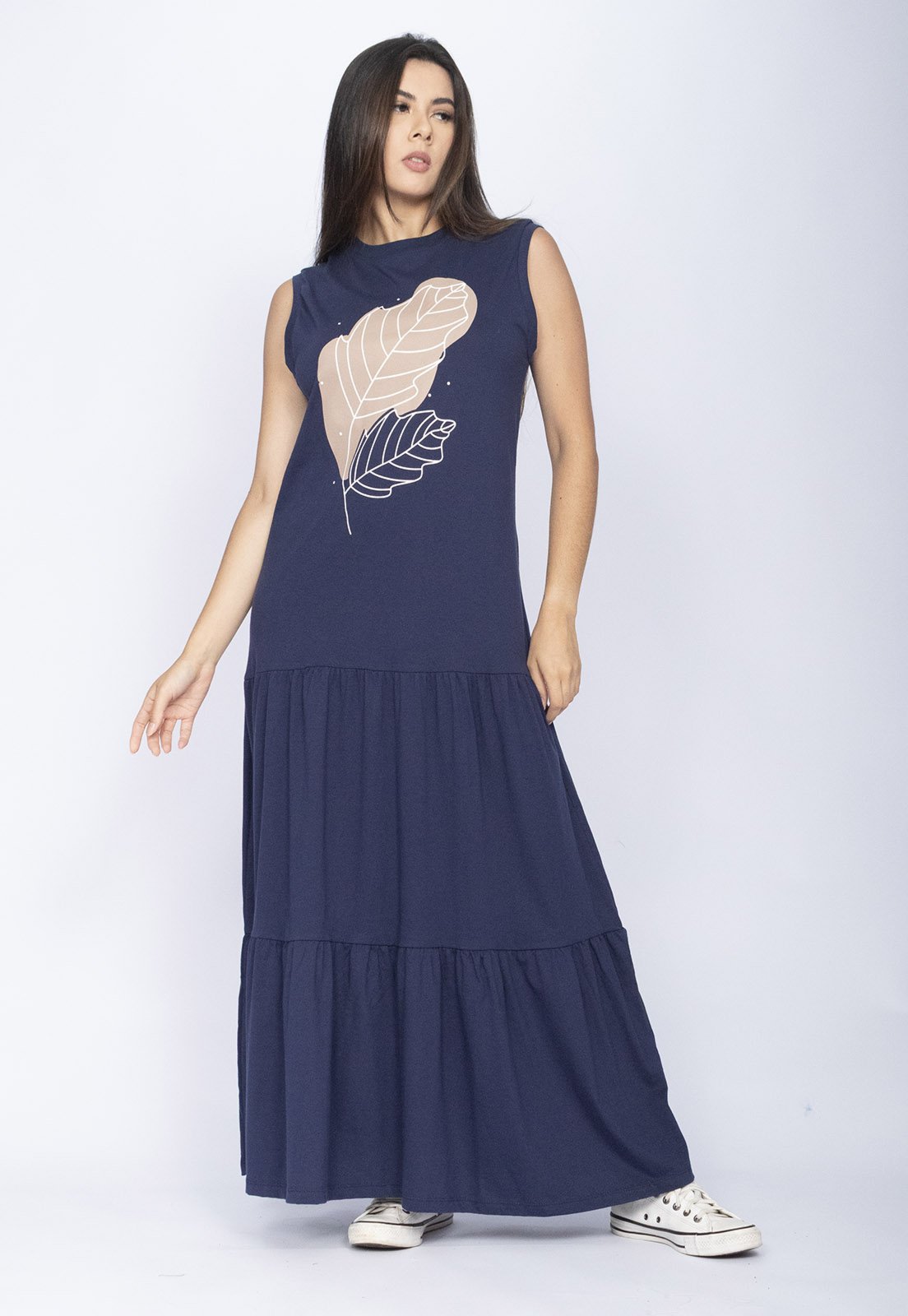 Vestido CabanaFree Longo Regata Curta Folha Azul
