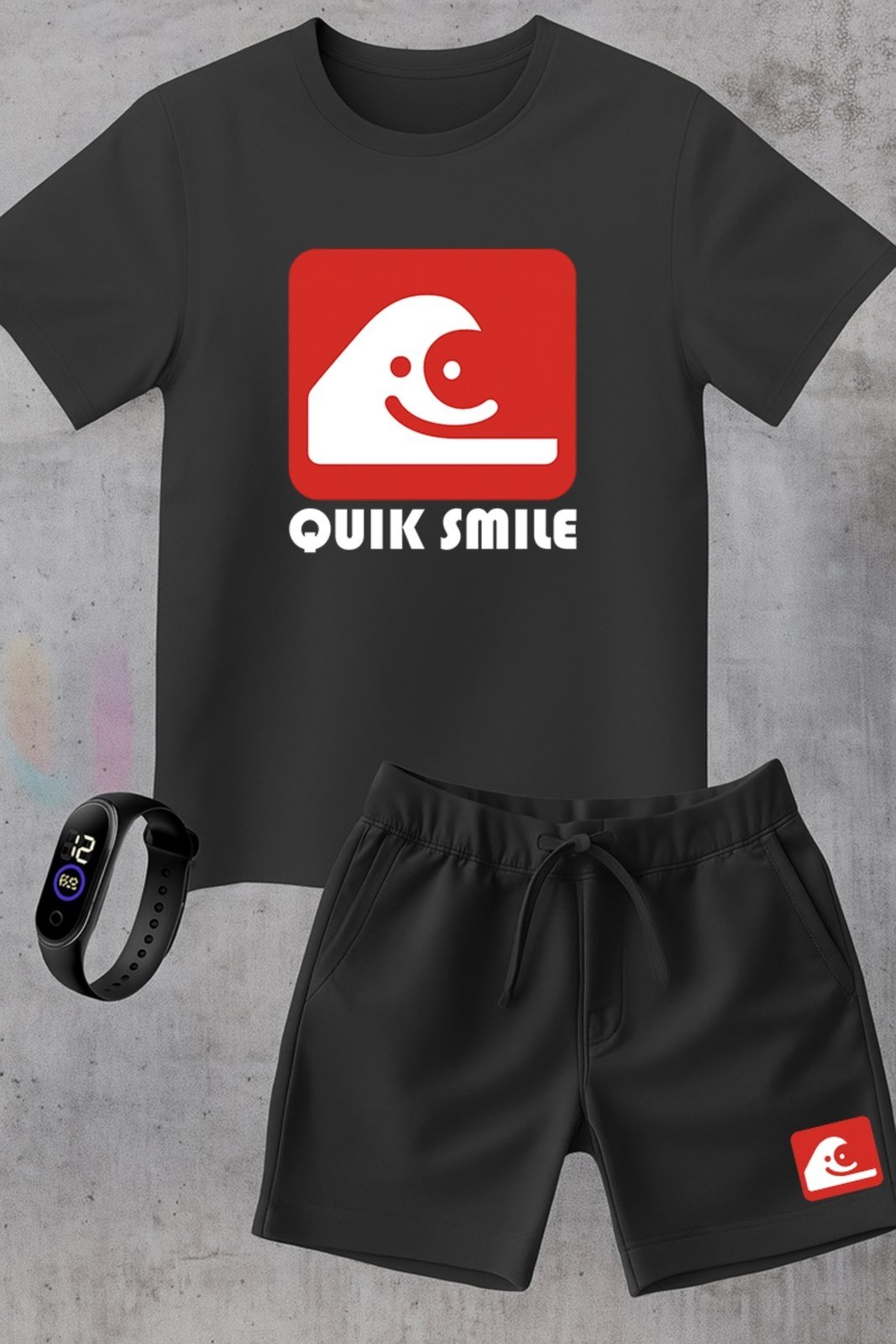 Infantil - Kit Camiseta menino Urbania Algodão preta Short Bermuda preto menina Conjunto black promoção oferta + brinde relogio estampa quik smile estilo silver