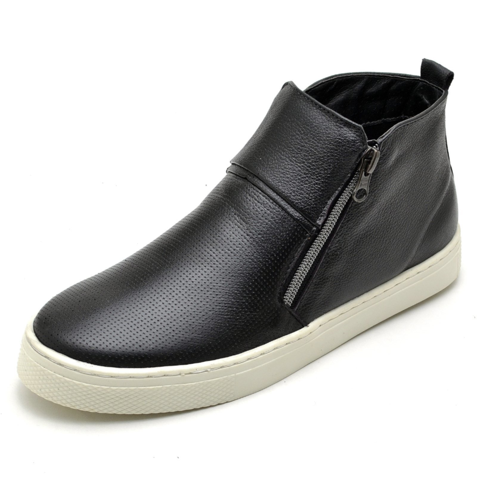 Tênis Slip on Cano Alto Casual Em Couro Preto