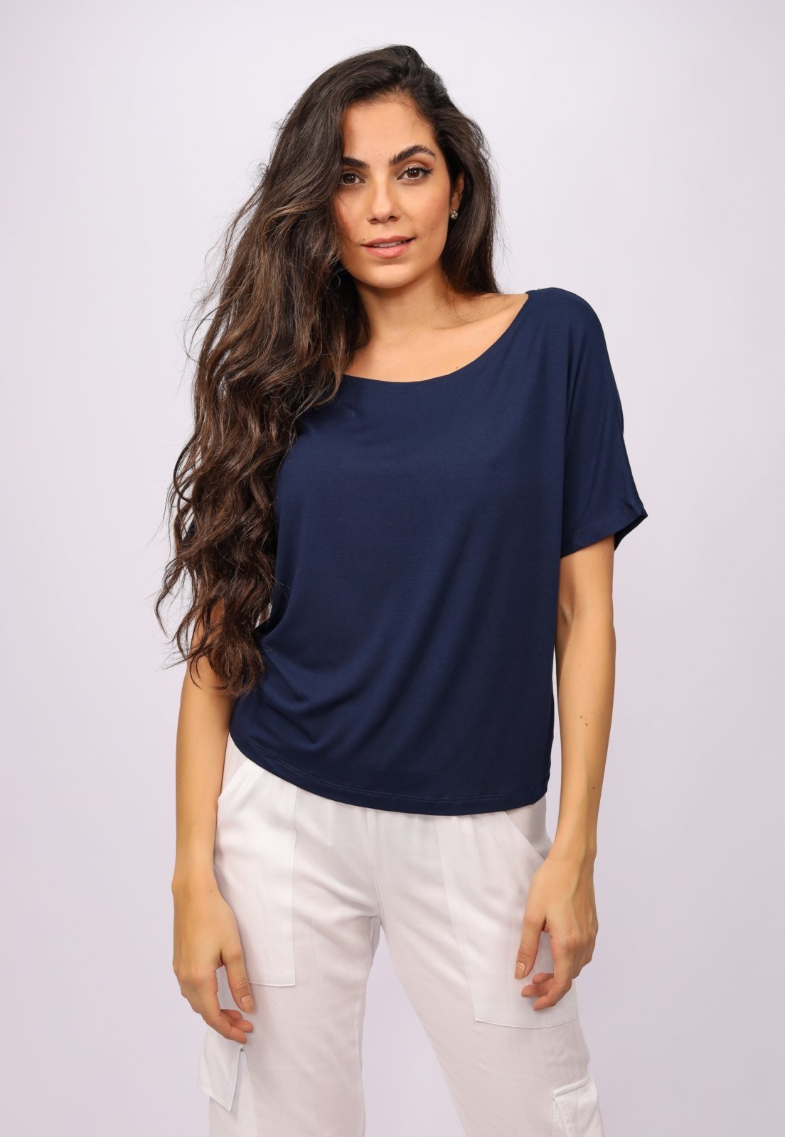 Blusa Morcego Amazonia Vital Malha Gola Canoa Manga Curta Azul Marinho