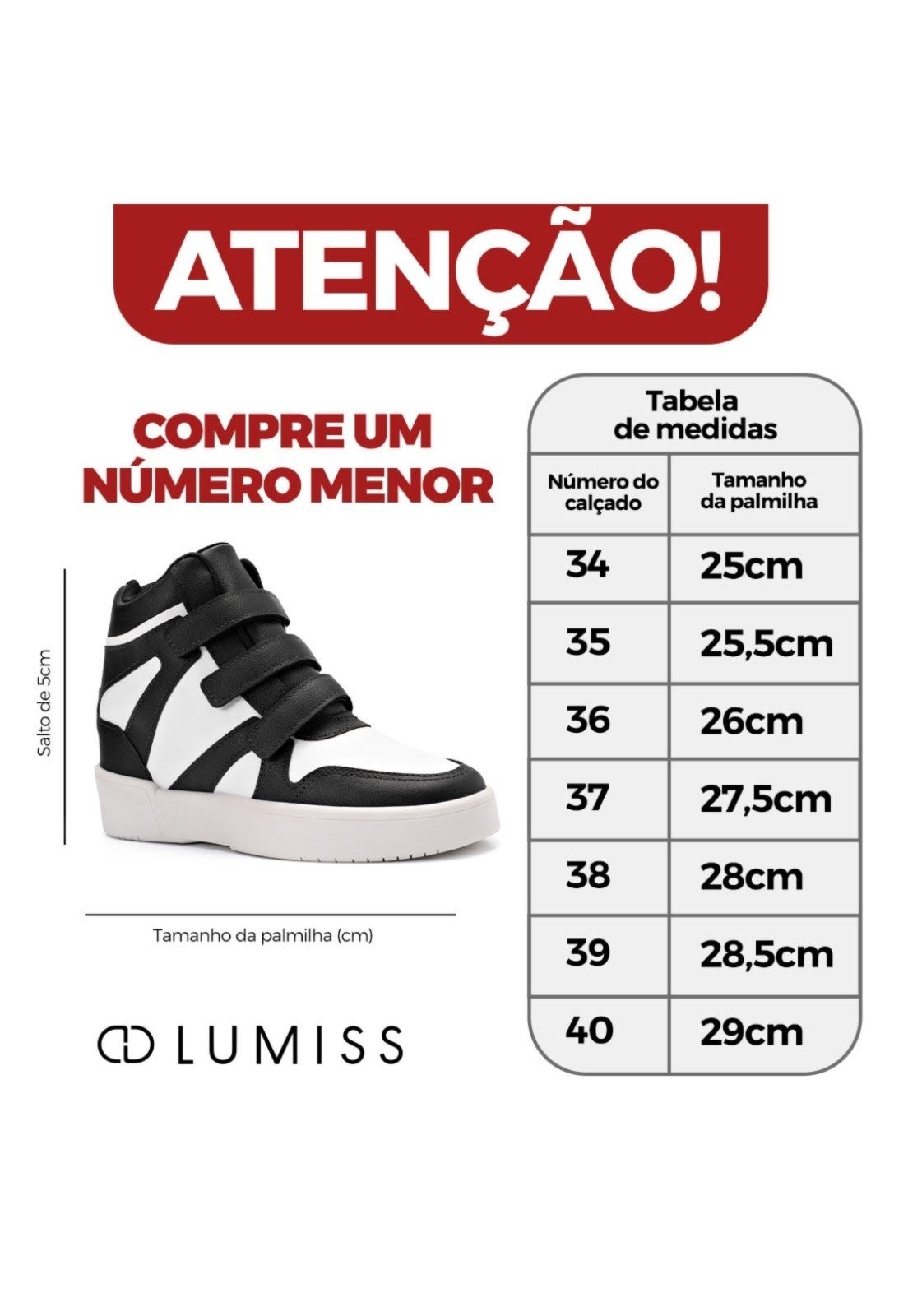 Vista 3 Tênis Feminino Lumiss Sneaker Cano Alto Salto Confortável Tiras Sintético branco/preto LUMISS branco/preto