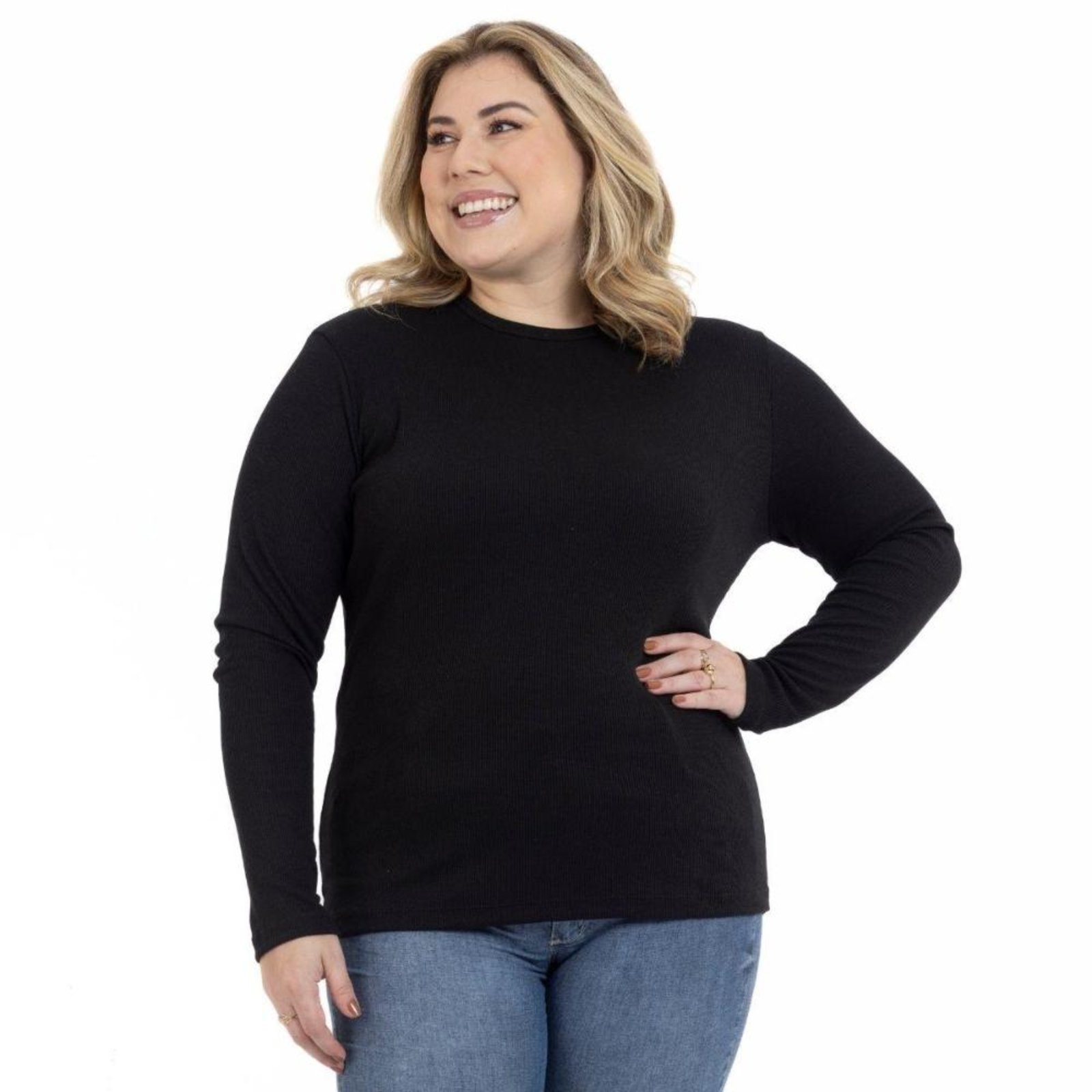 Blusa Plus Size Feminina Manga Longa Gola Redonda Ribana
