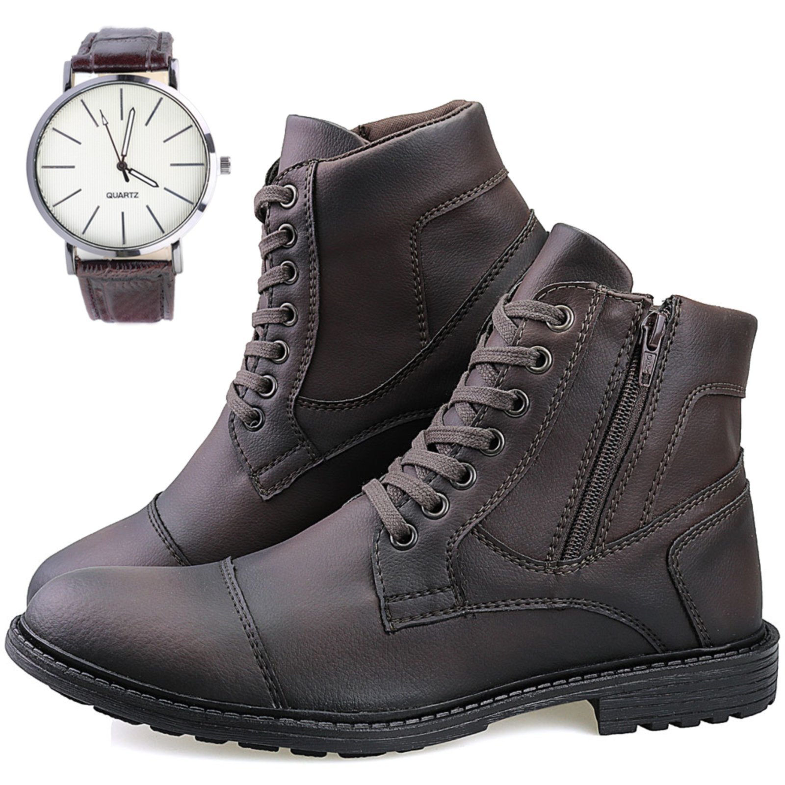 Bota Casual Cano Médio Com Zíper Marrom + Relógio