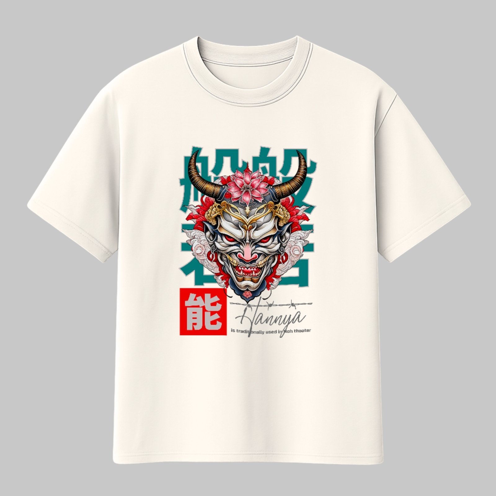 Camiseta Básica Hannya Samurai Arte Oriental Japonesa Unissex Off White