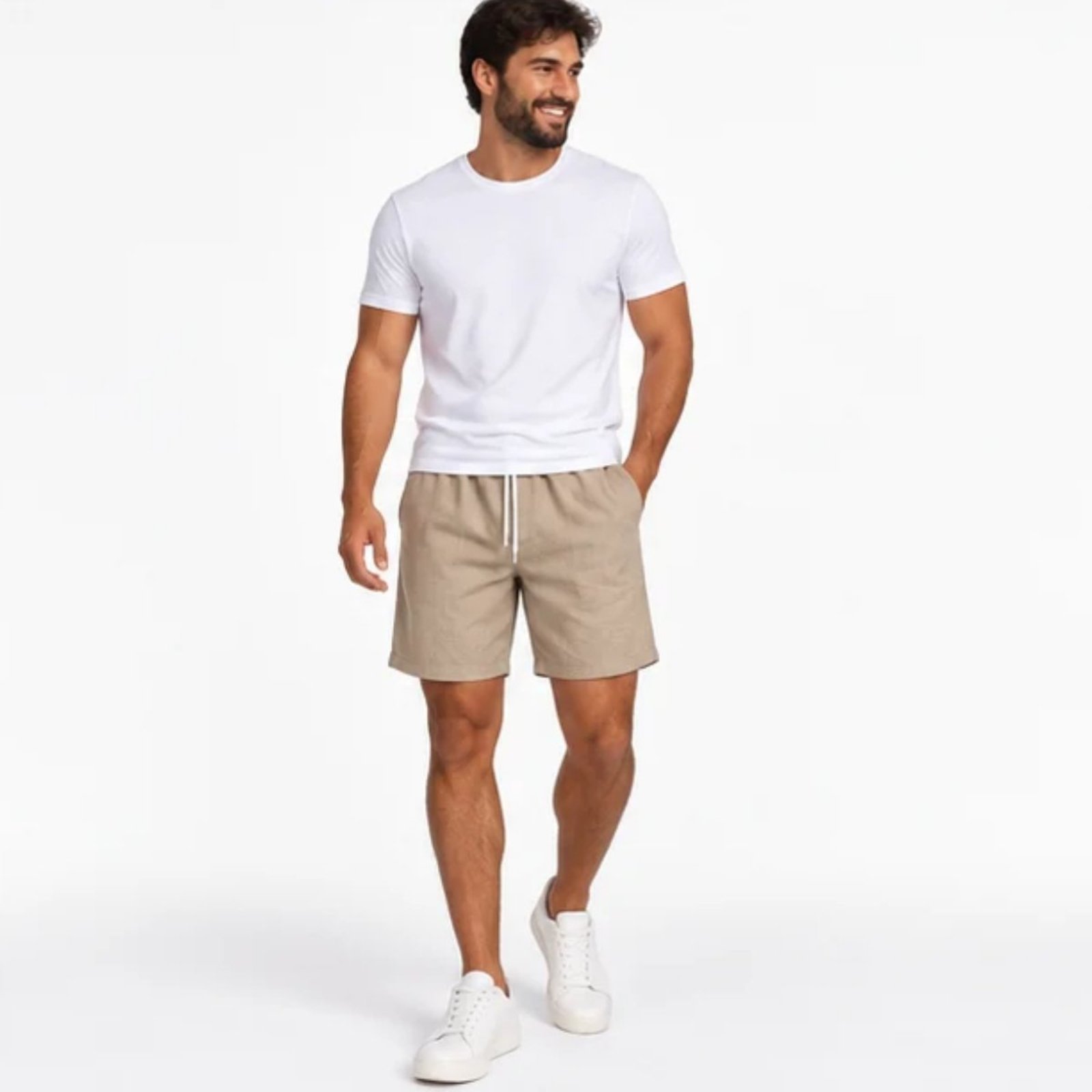 Bermuda Masculina FMF Linho Casual com Cordão e Bolsos Bege