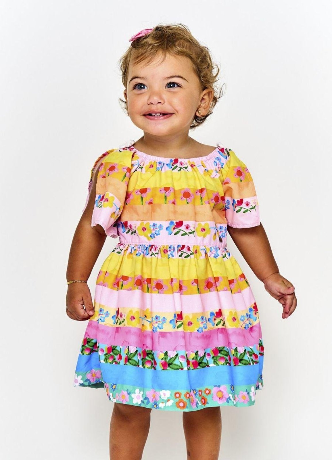 Infantil - Vestido com Calcinha Encanto Floral com Listras Amarelo