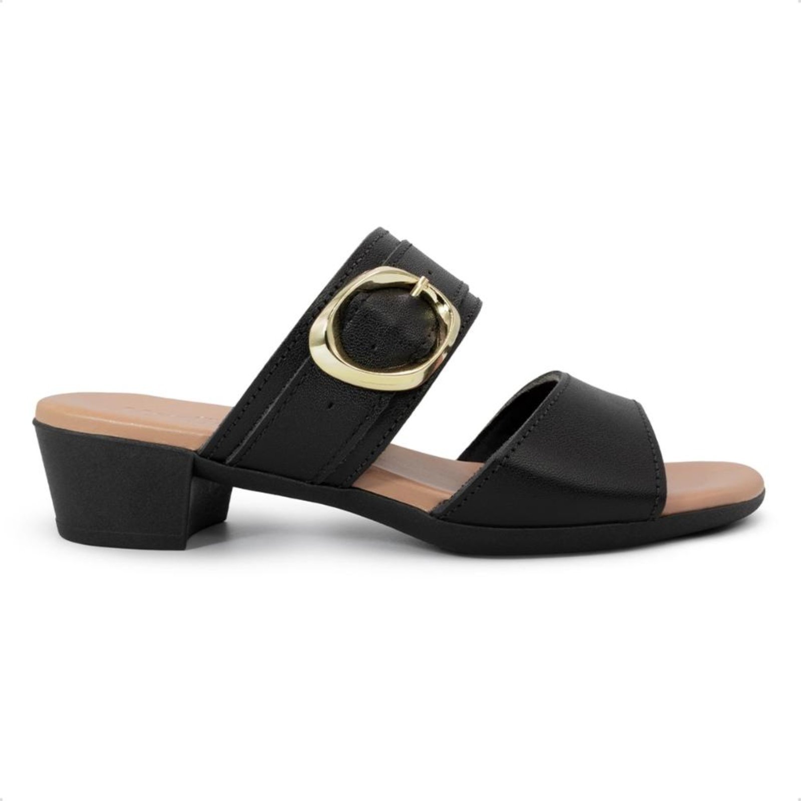 Tamanco Usaflex Feminino Salto Bloco Couro Fivela UD12001 Preto