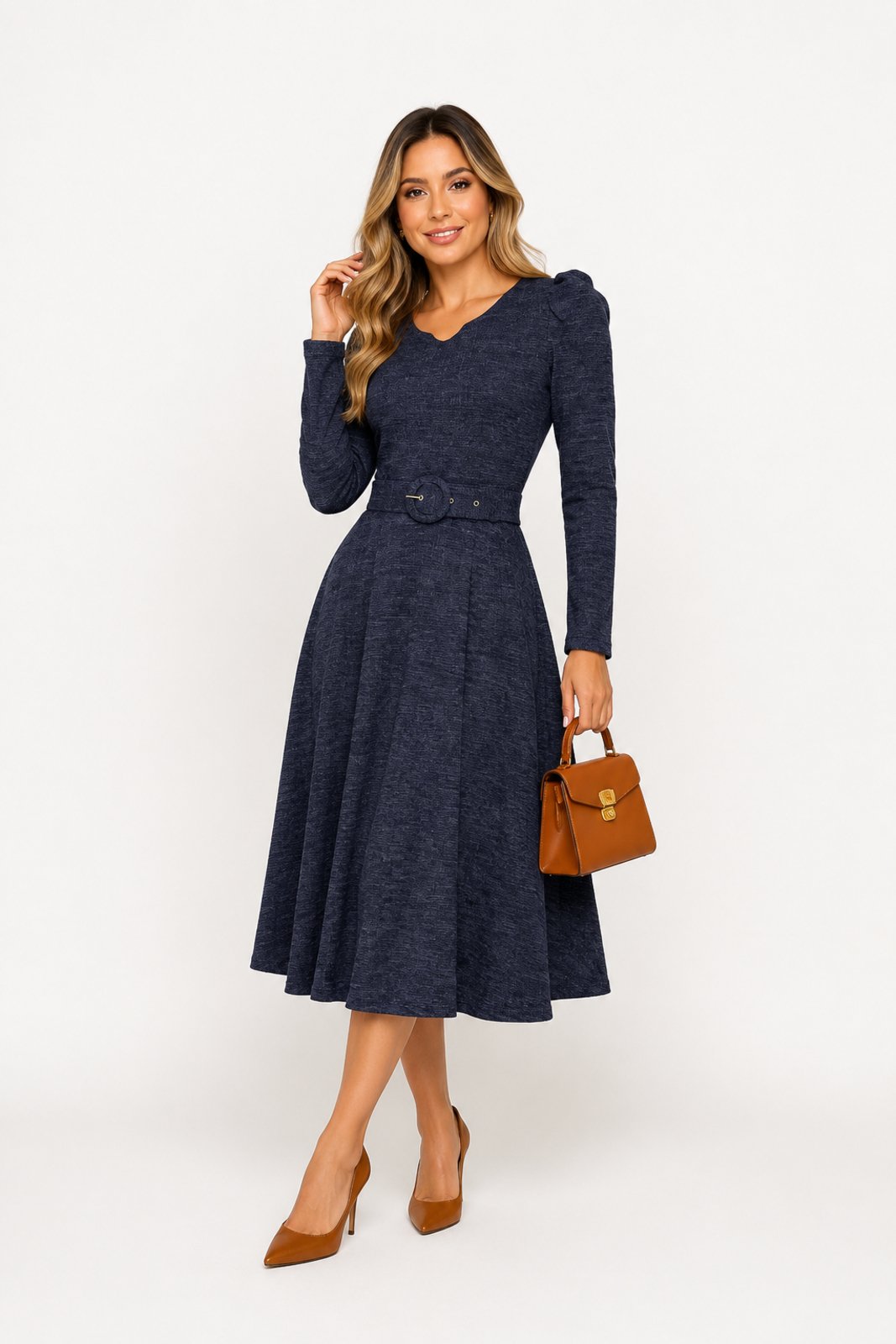 Vestido Midi D Bell Outlet Fashion Social Com Cinto Azul Marinho