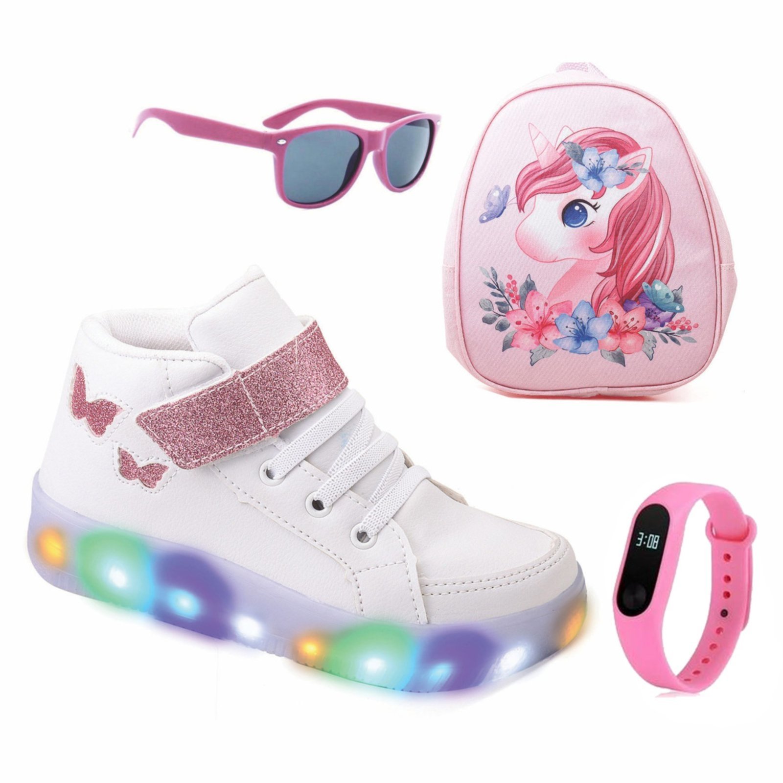 Infantil – Tenis Feminino de Led Botinha Borboleta Glitter Calce Facil + Moch Oculos e Relogio