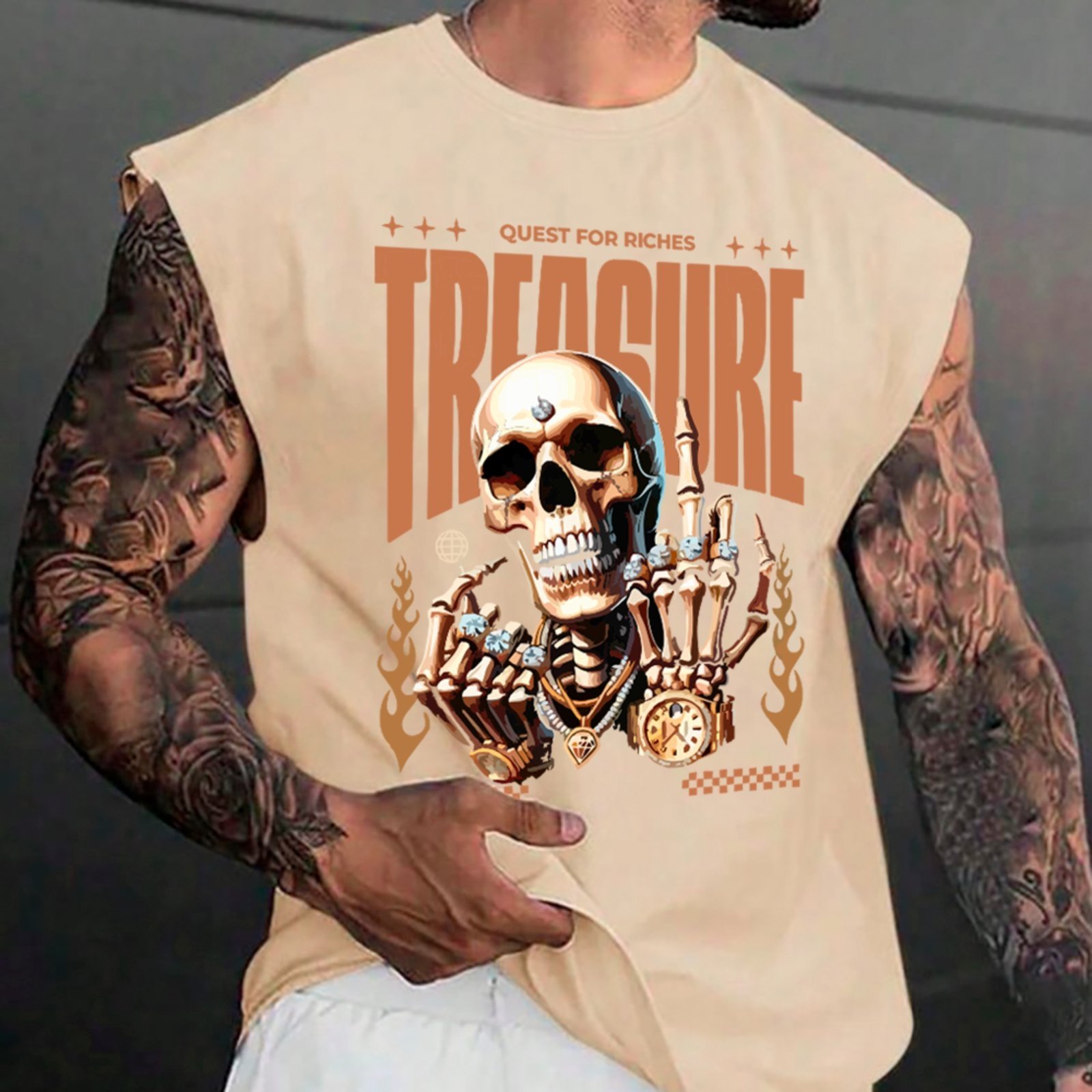 Camiseta Regata Machão Ousy Caveira de Ouro Tesouro Poder Oversized Masculina Off White