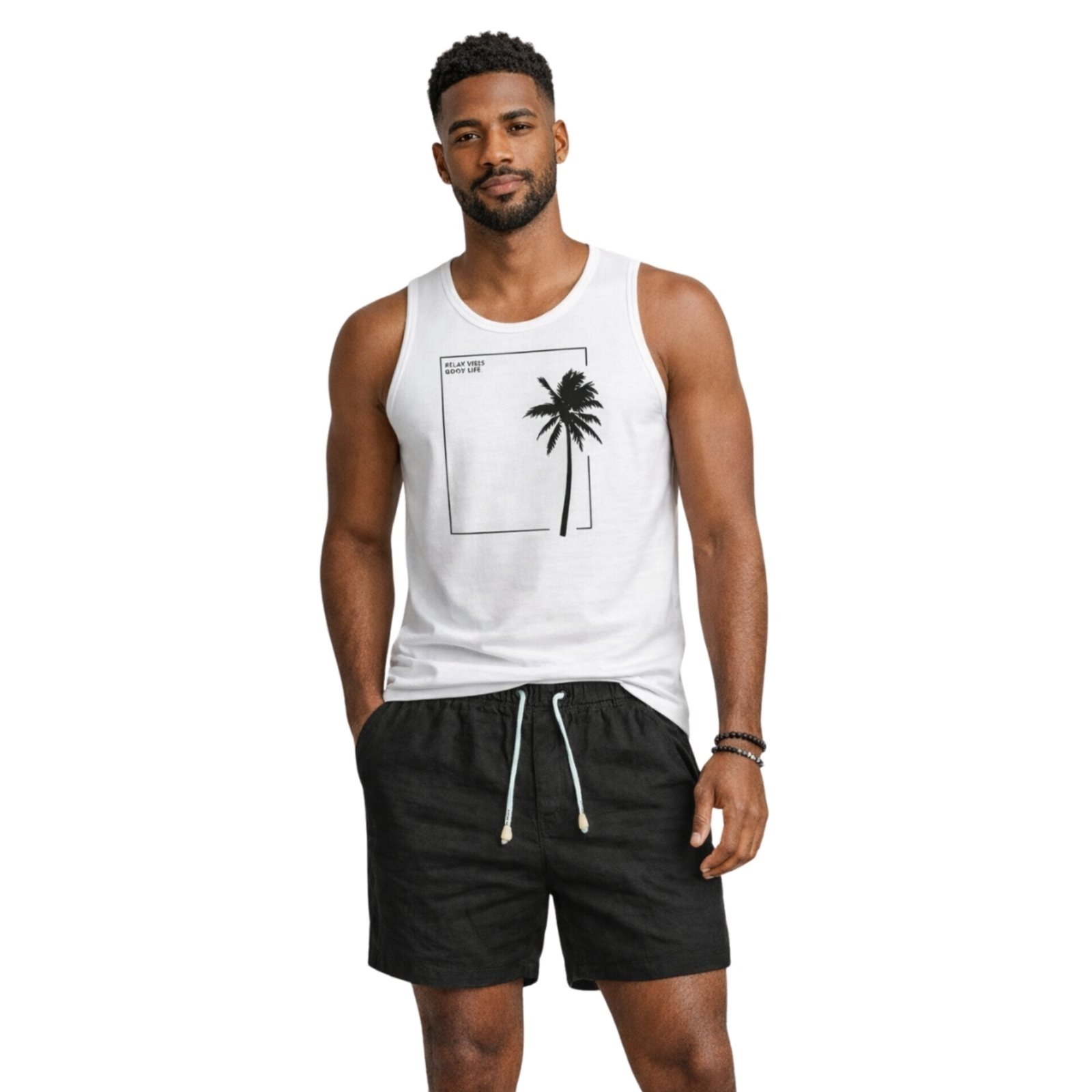 Conjunto Regata Coqueiro e Short Linho Premium Bermuda Masculina Moda Praia Luxo