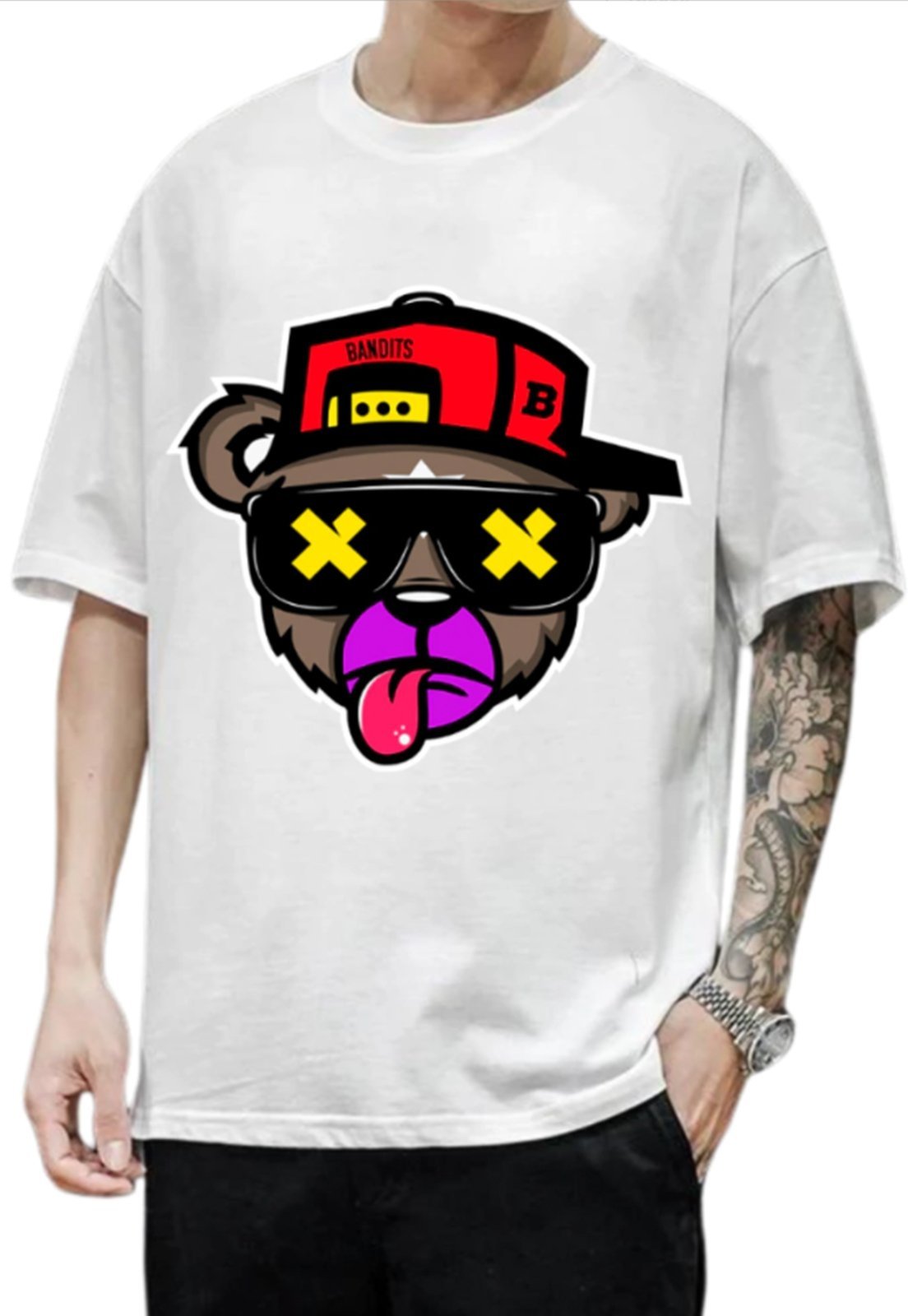 Camiseta Grande Blusa Mooboo Academia Fitness Oversized Camisa Urbania streetwear Over Branca Branco Estampada Urso Bandits