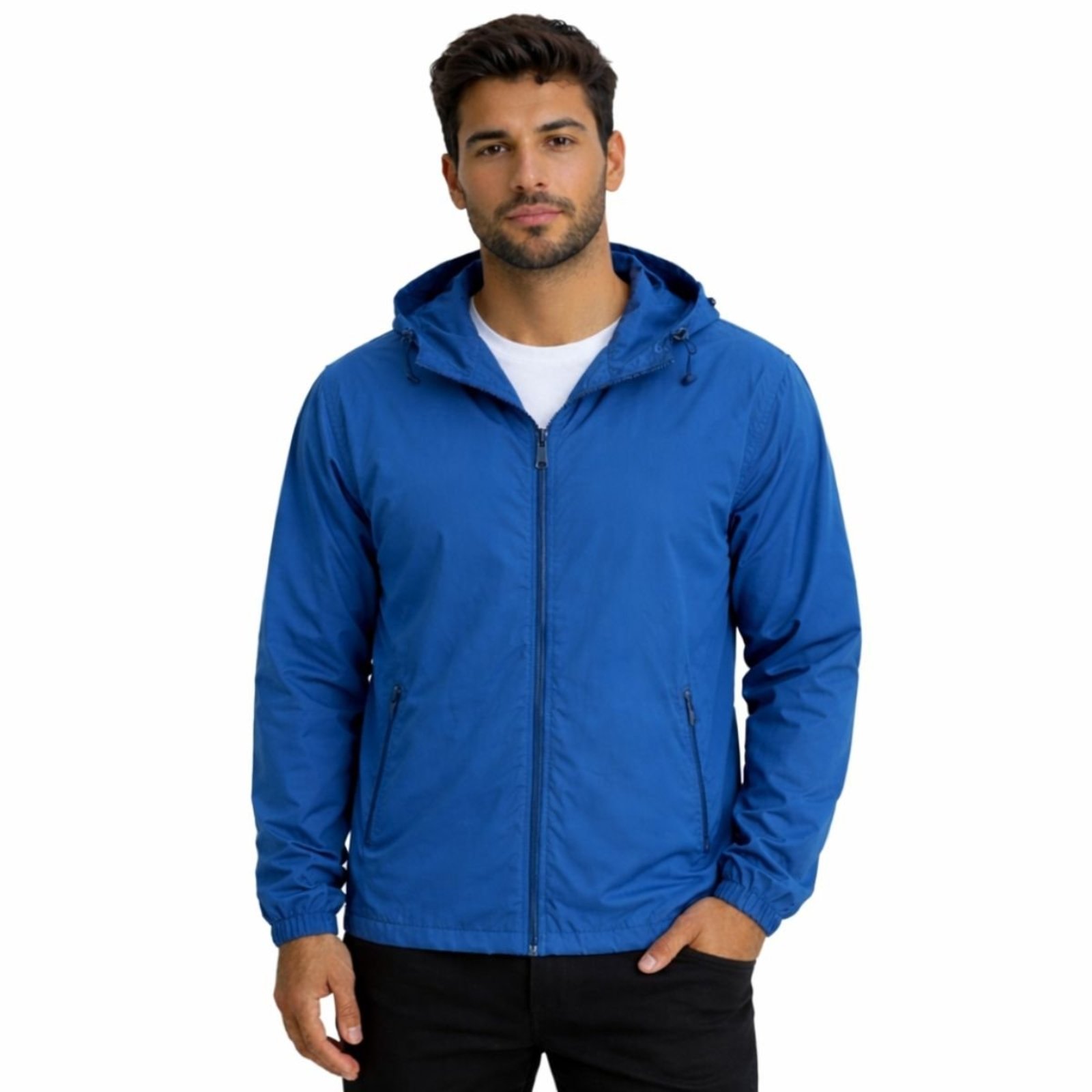 Corta Vento Masculina Preta Leve Com Capuz Removivel Azul
