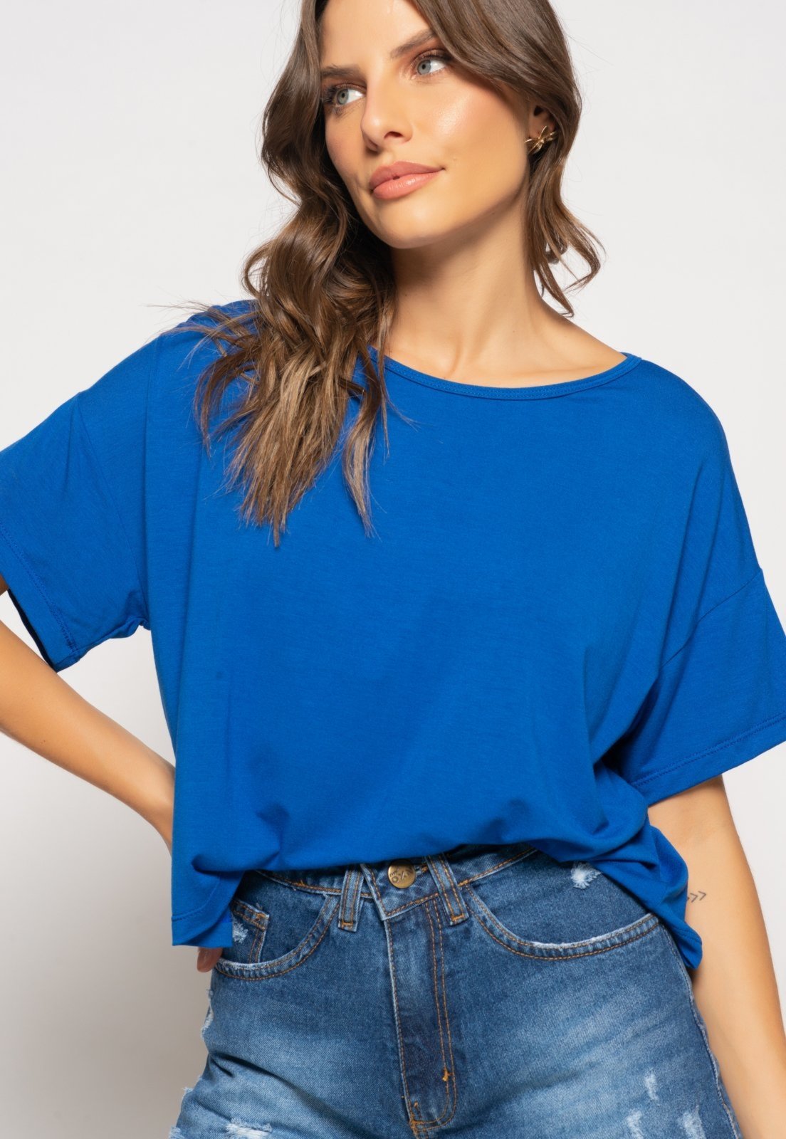 Cropped Amplo Manga Curta Malha Salvatore Azul Royal