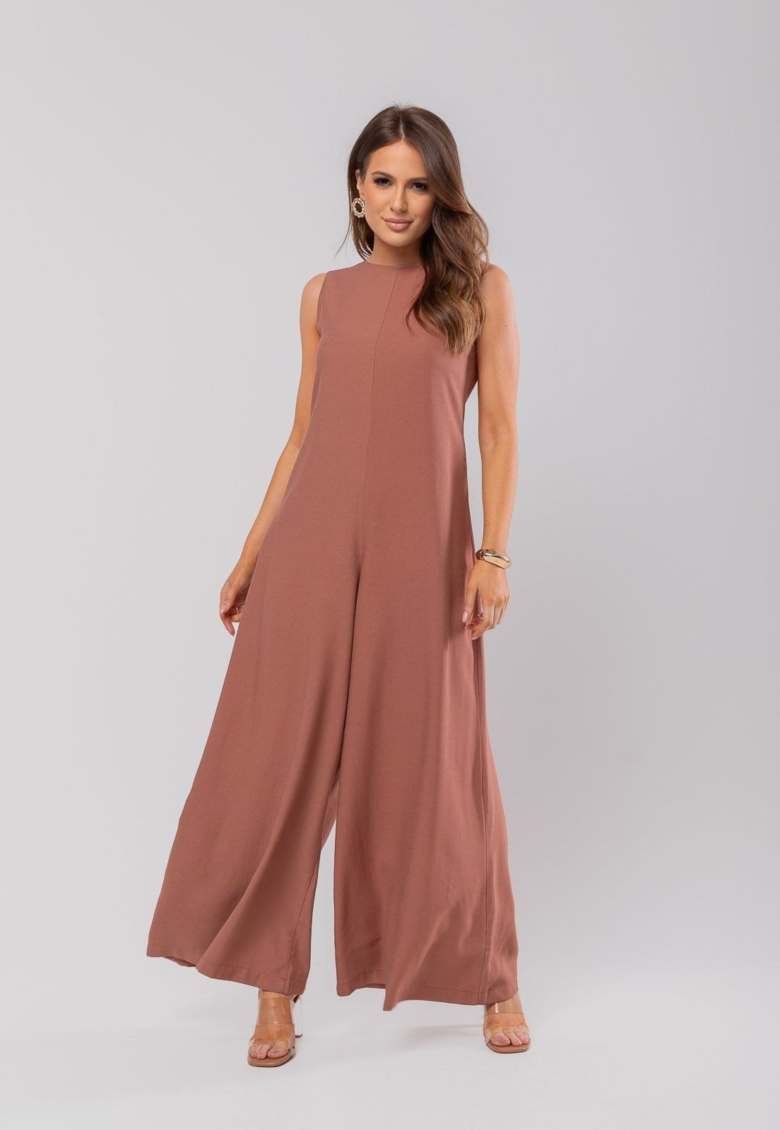 Macacão Regata Feminino Alfaiataria Pantalona Salvatore Fashion Marrom