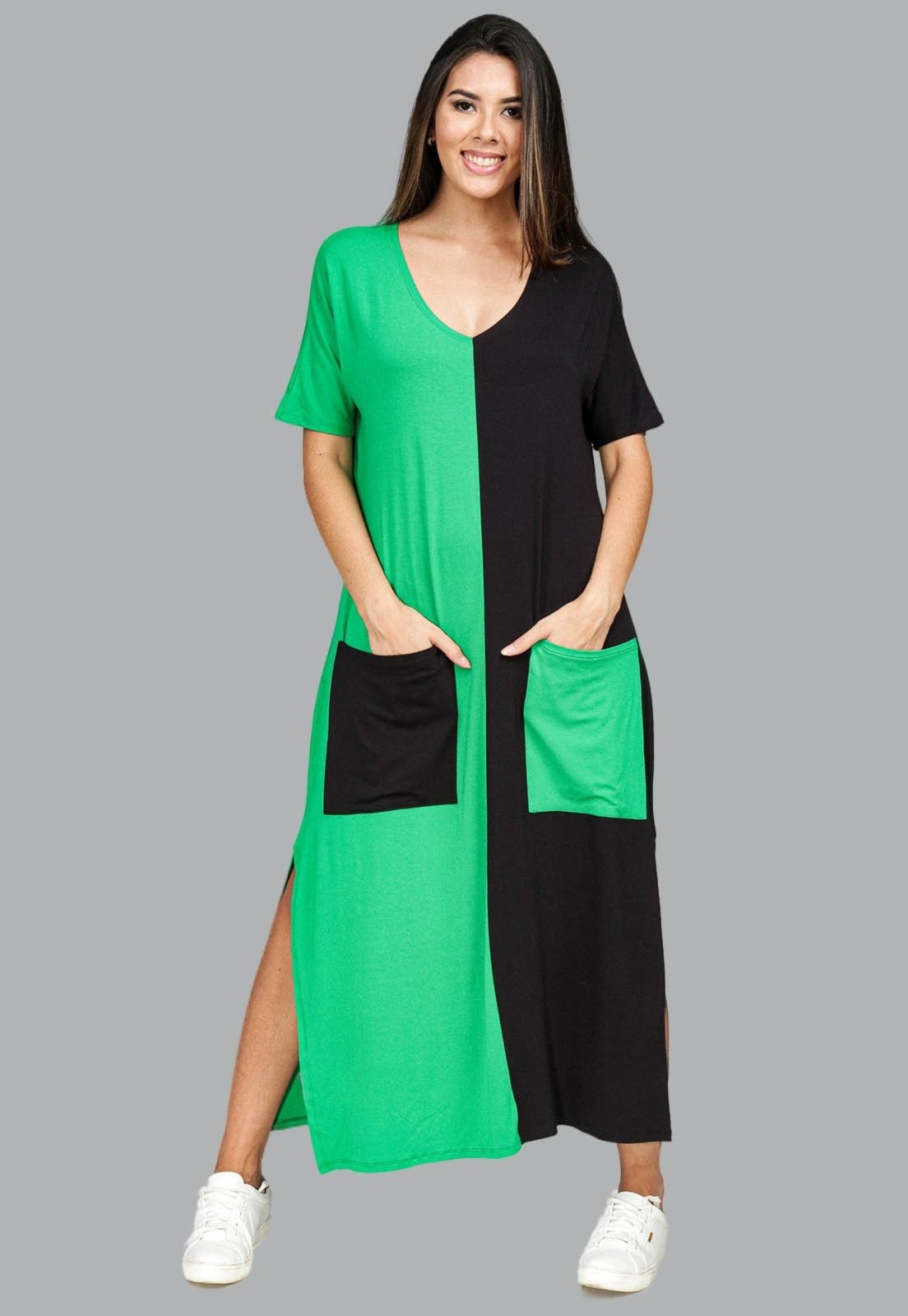 Vestido Midi Reto Malha com Bolso na Frente Amazonia Vital Preto e Verde