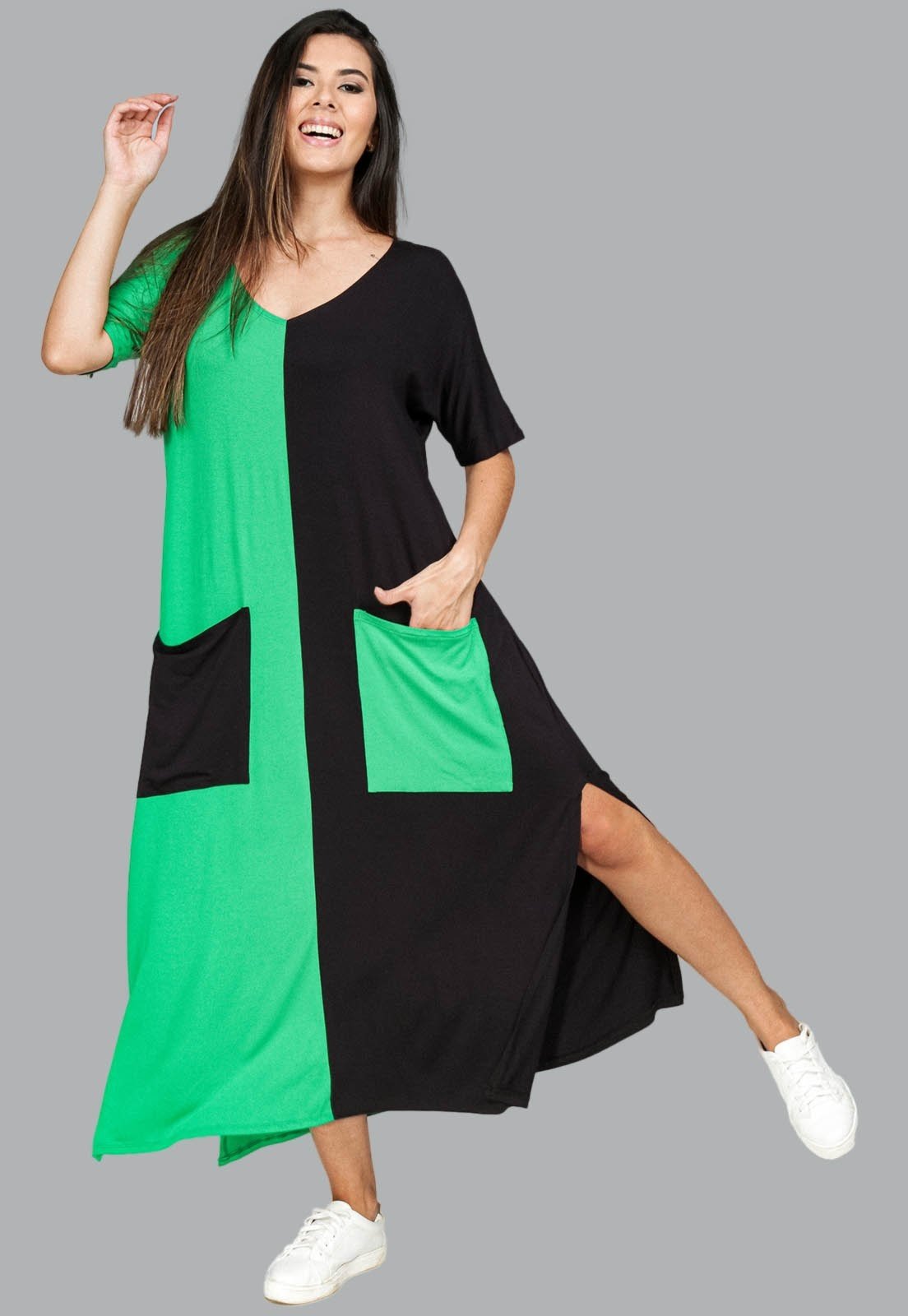 Vista 3 Vestido Midi Reto Malha com Bolso na Frente Amazonia Vital Preto e verde verde
