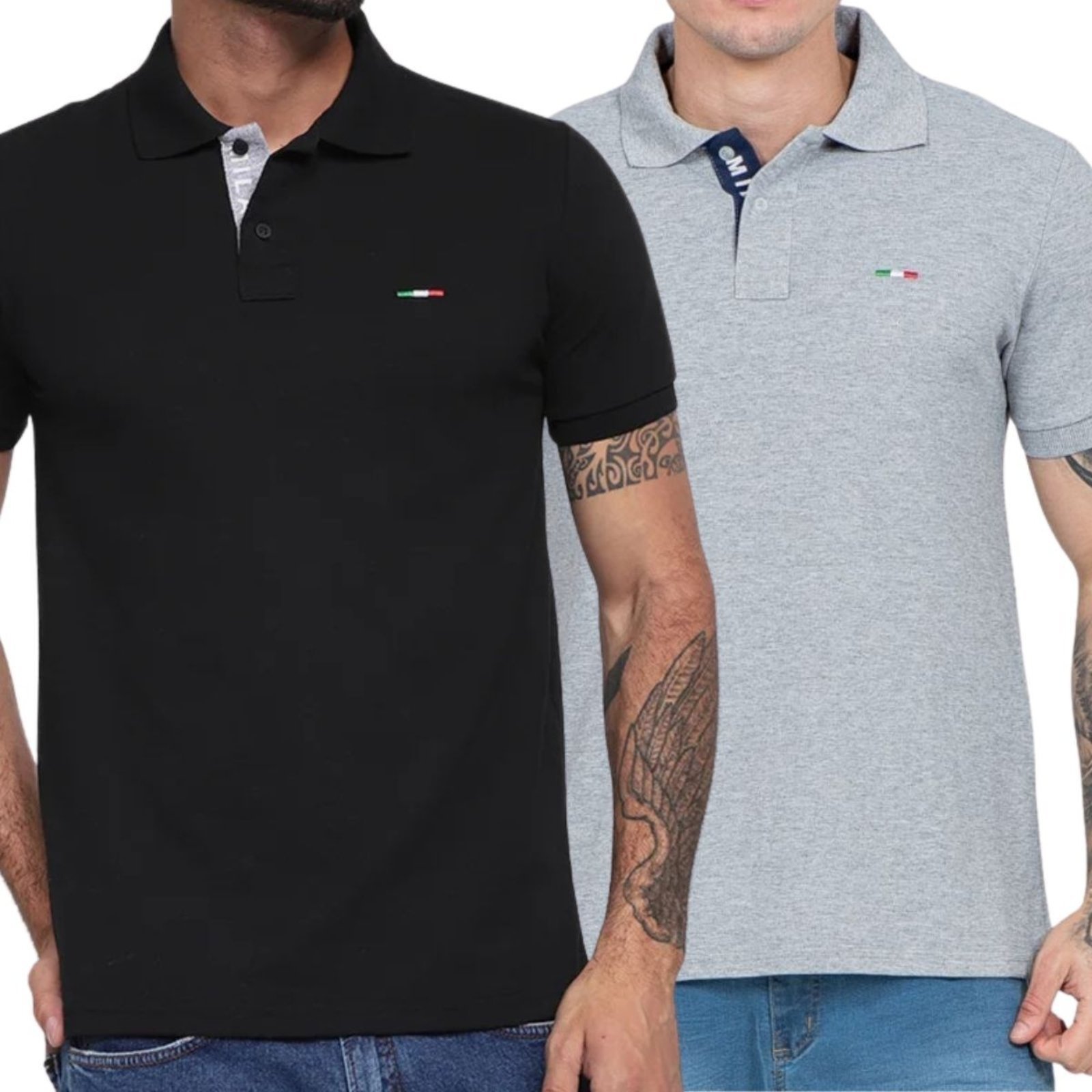 Kit 2 Polos Masculina Básicas FMF Preto Cinza Piquet no Estilo Tommy Bordado Itália