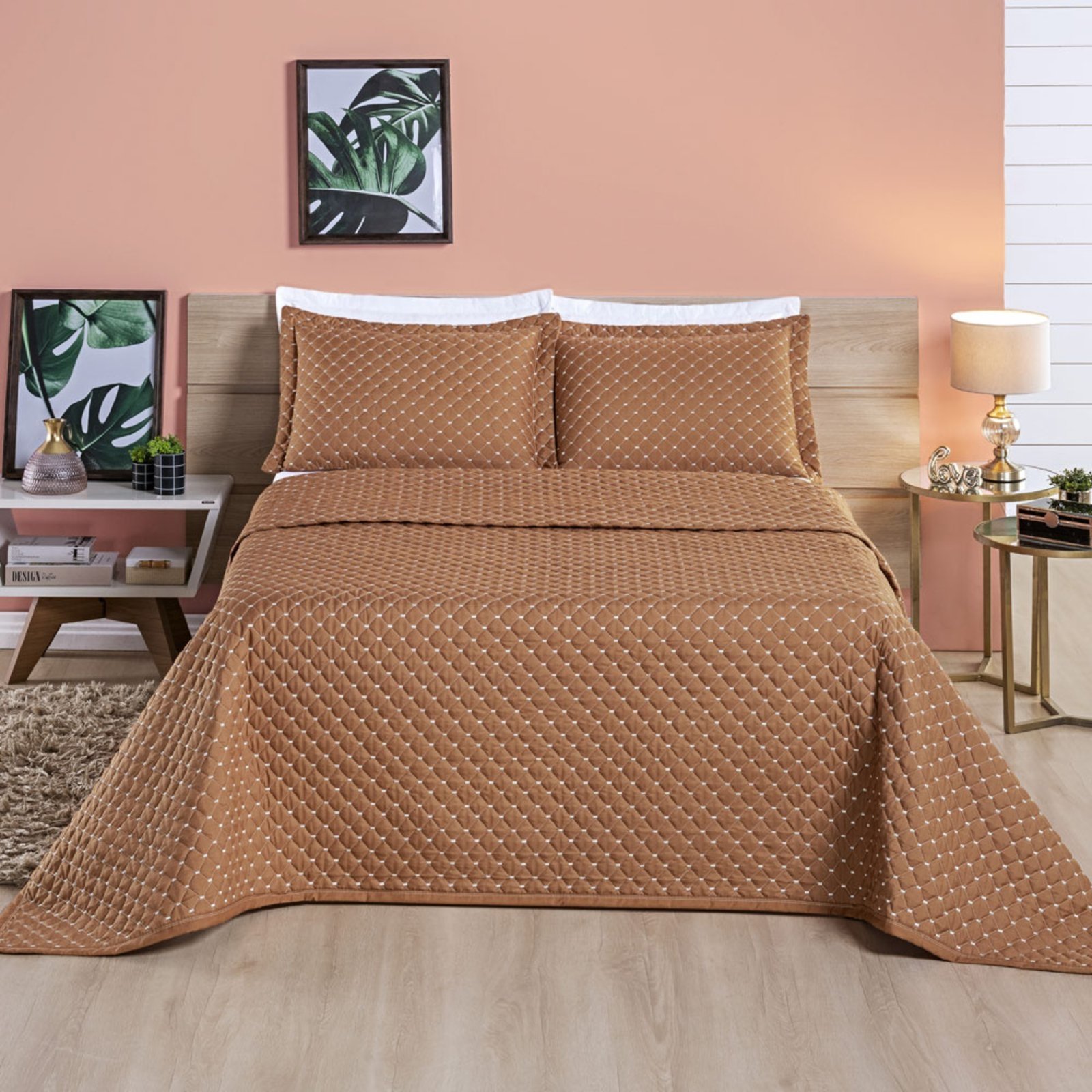 Kit Cobre Leito Colcha Casa Scarpa Vênus Casal Dupla Face Micropercal 200 Fios Liso 3 Peças - Terracota