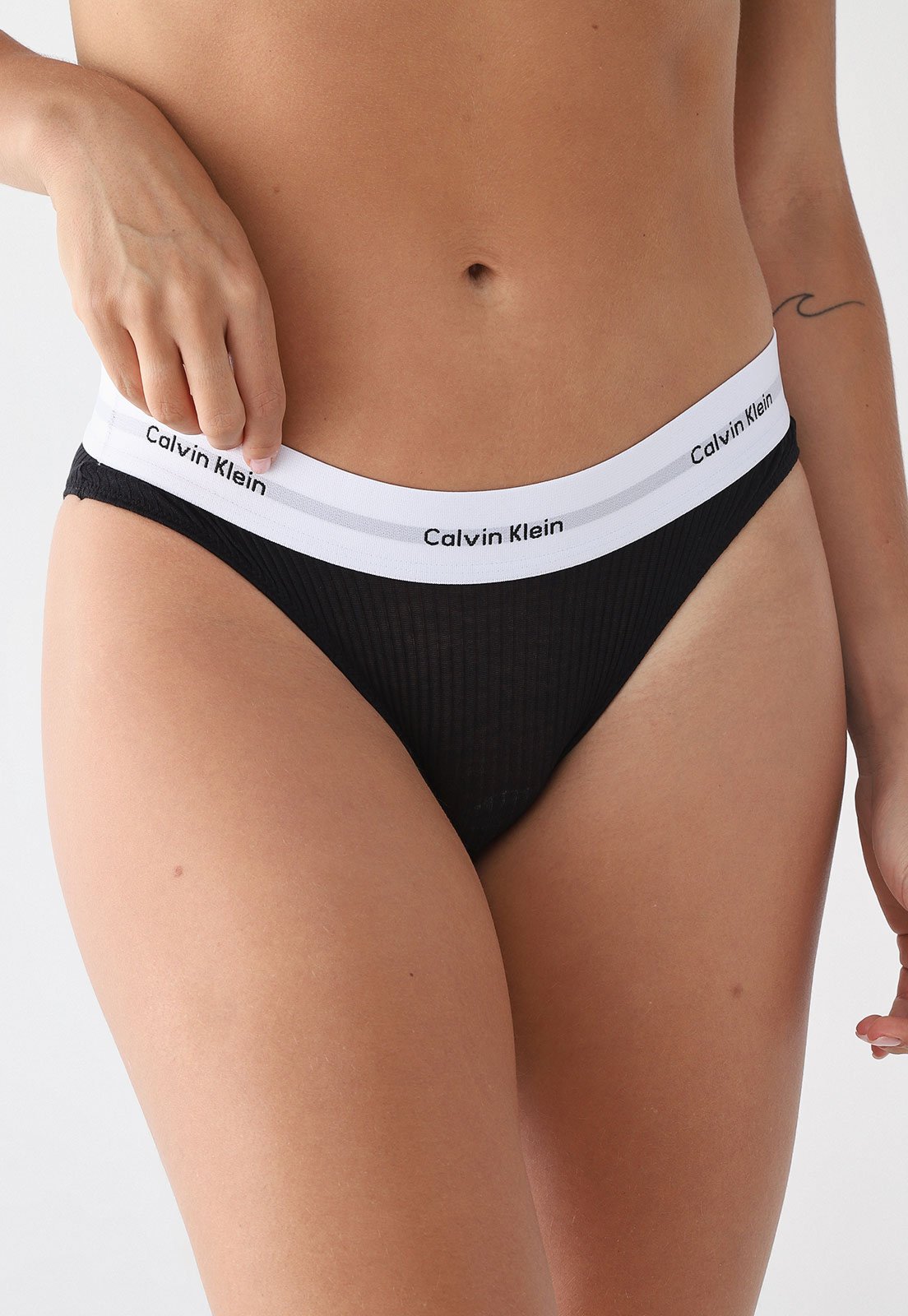 Calcinha Tanga Feminina Calvin Klein Modal Rib Modern Logo Preta