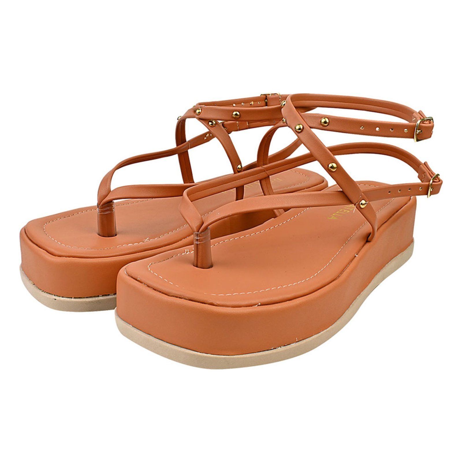 Sandália Feminina Plataforma CM Calçados Chinelo Flatform Spike Tira Amarrar Hotfix Caramelo