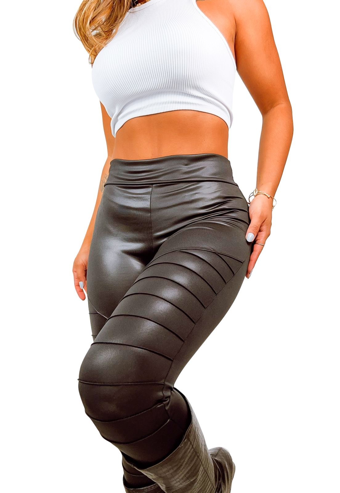 Vista 3 Calça YWC ind Legging Montaria Cirre Tratorada Brilho Cirre preto YWC ind preto