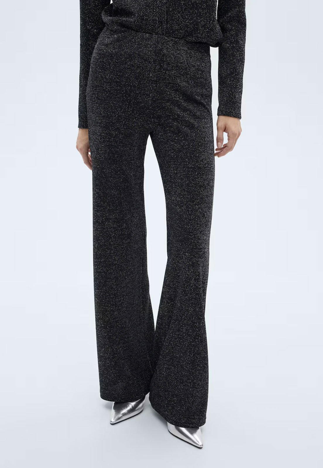 Calça Tricot Mango Wide Leg Fio Lurex Preta