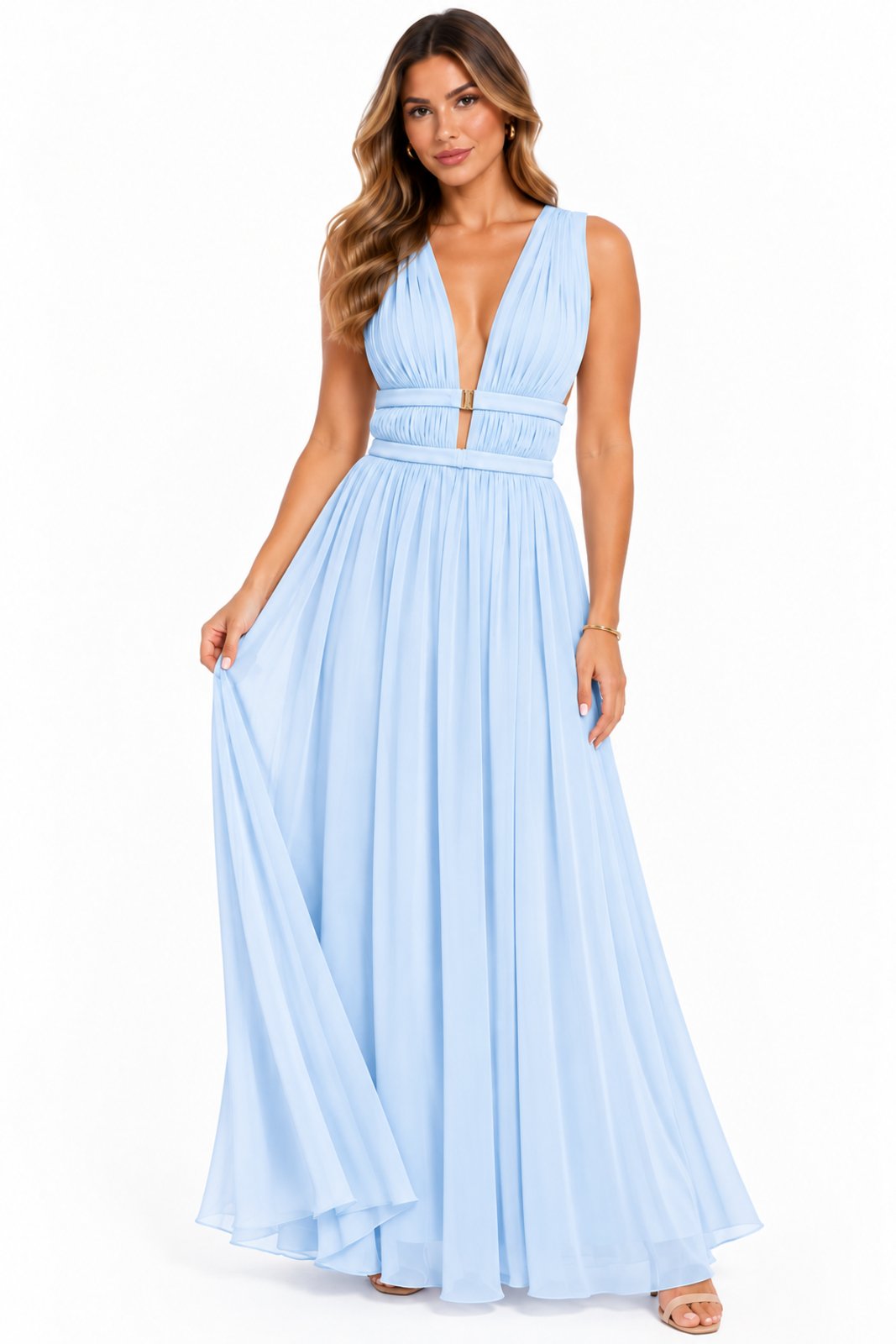 Vestido Longo D Bell Outlet Fashion Decote V e Costa Aberta Azul