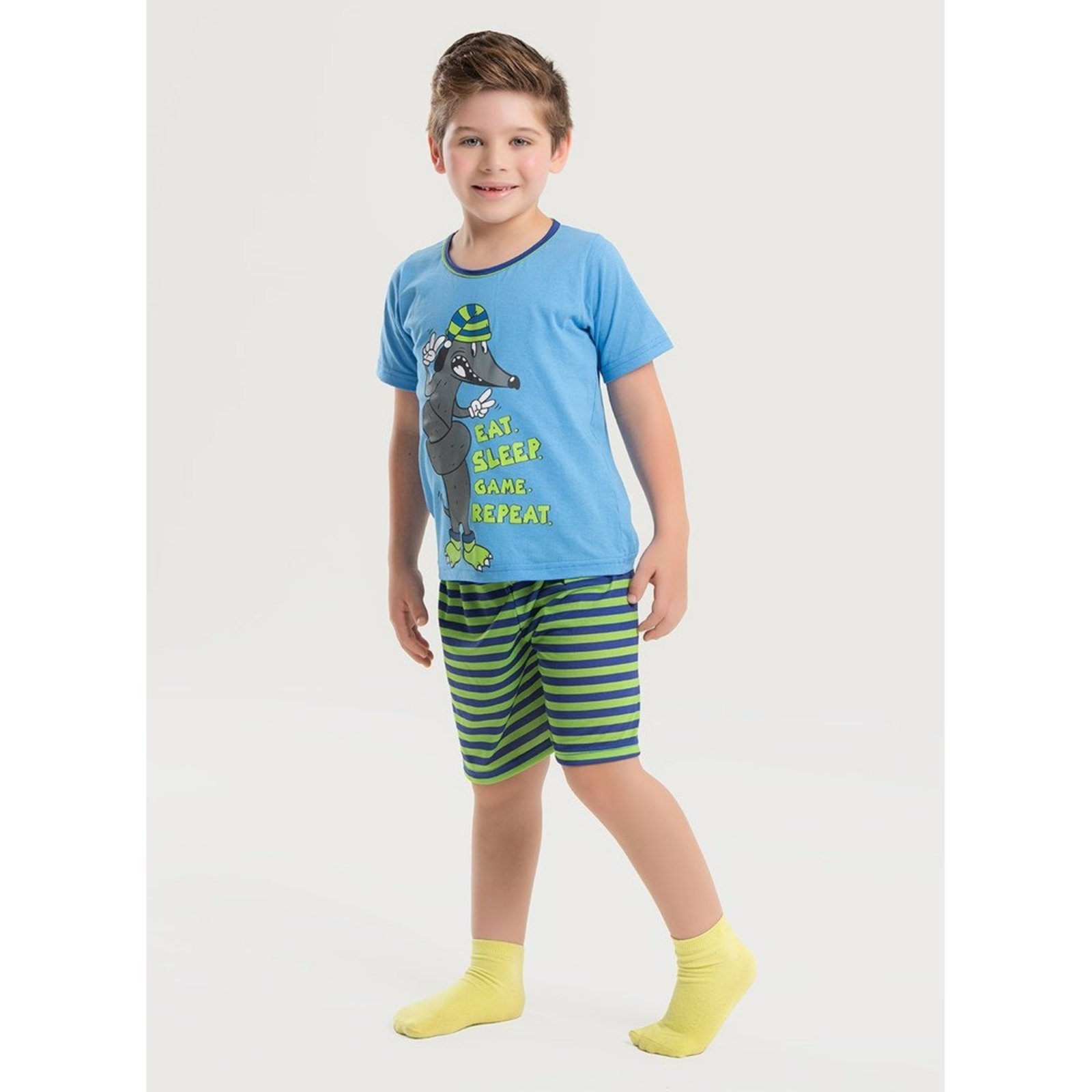 Pijama Verão Menino Azul Camiseta Brilha no Escuro e Bermuda Doguinho Enrolado