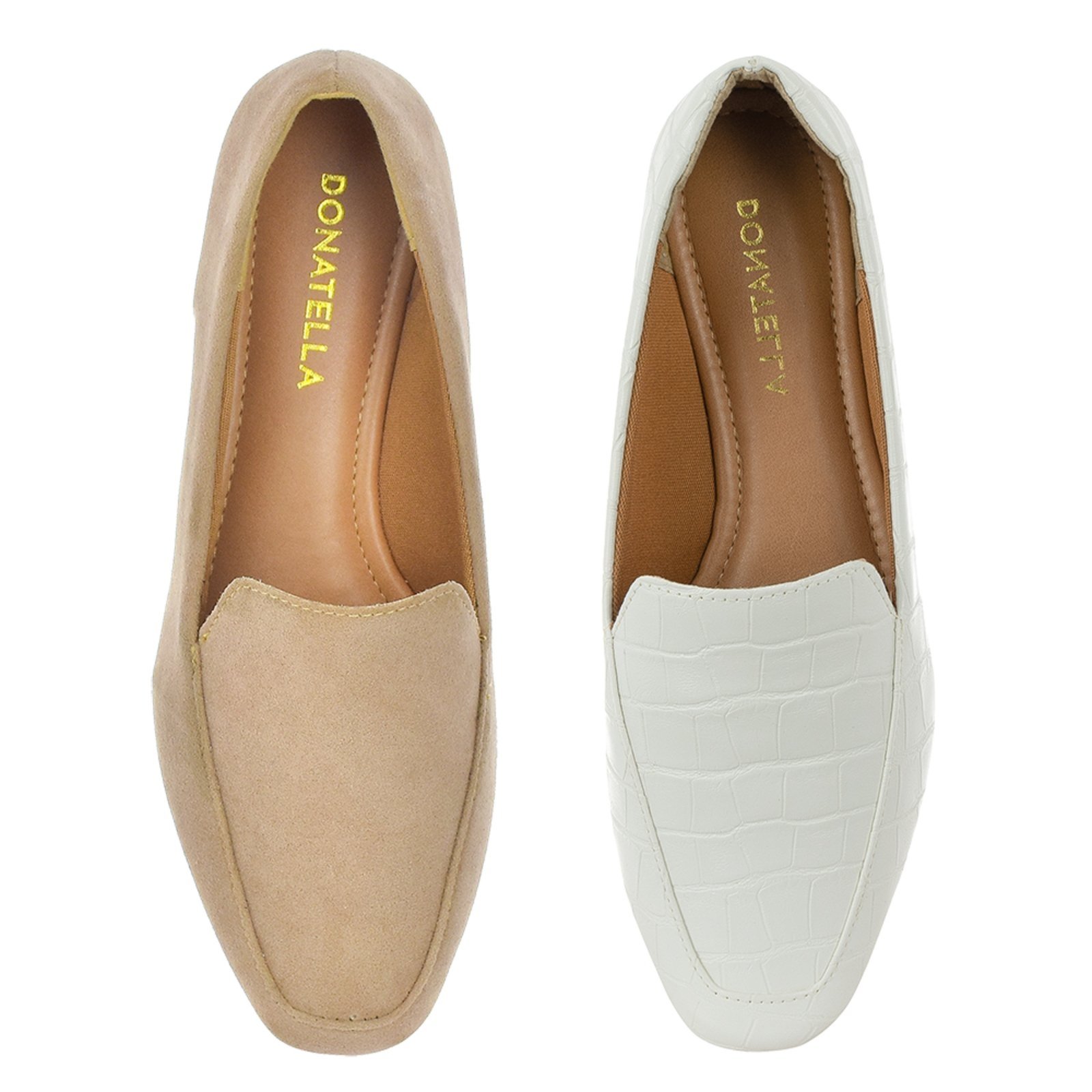 Kit 2 Pares Mocassim Feminino CM Calçados Nude Camurça e Branco Croco